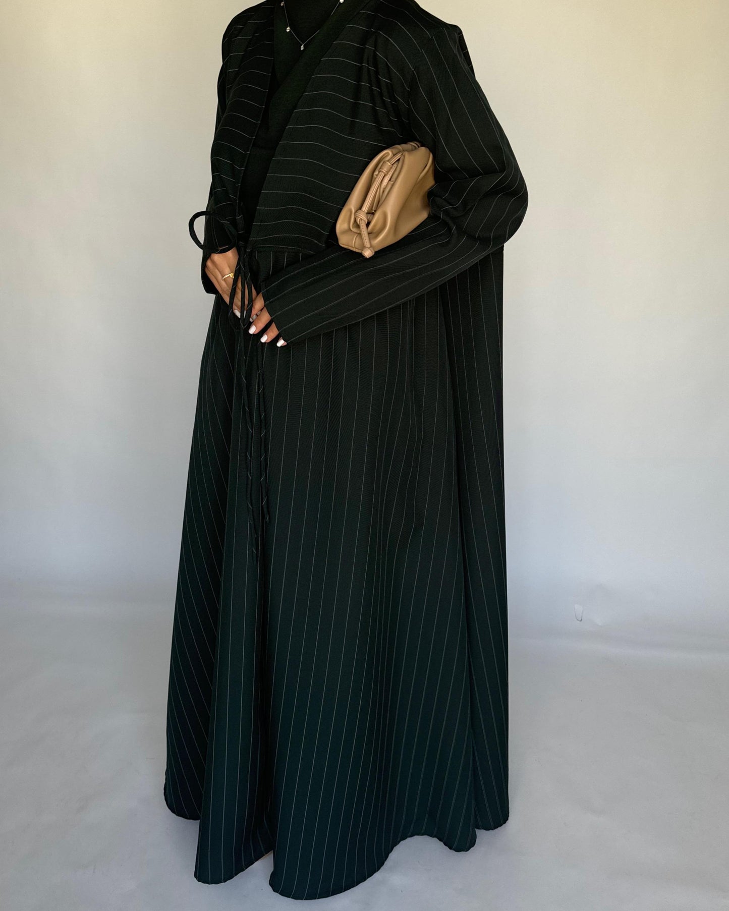 A319 - Striped Forest Green Daily Abaya, Dress & Head Scarf