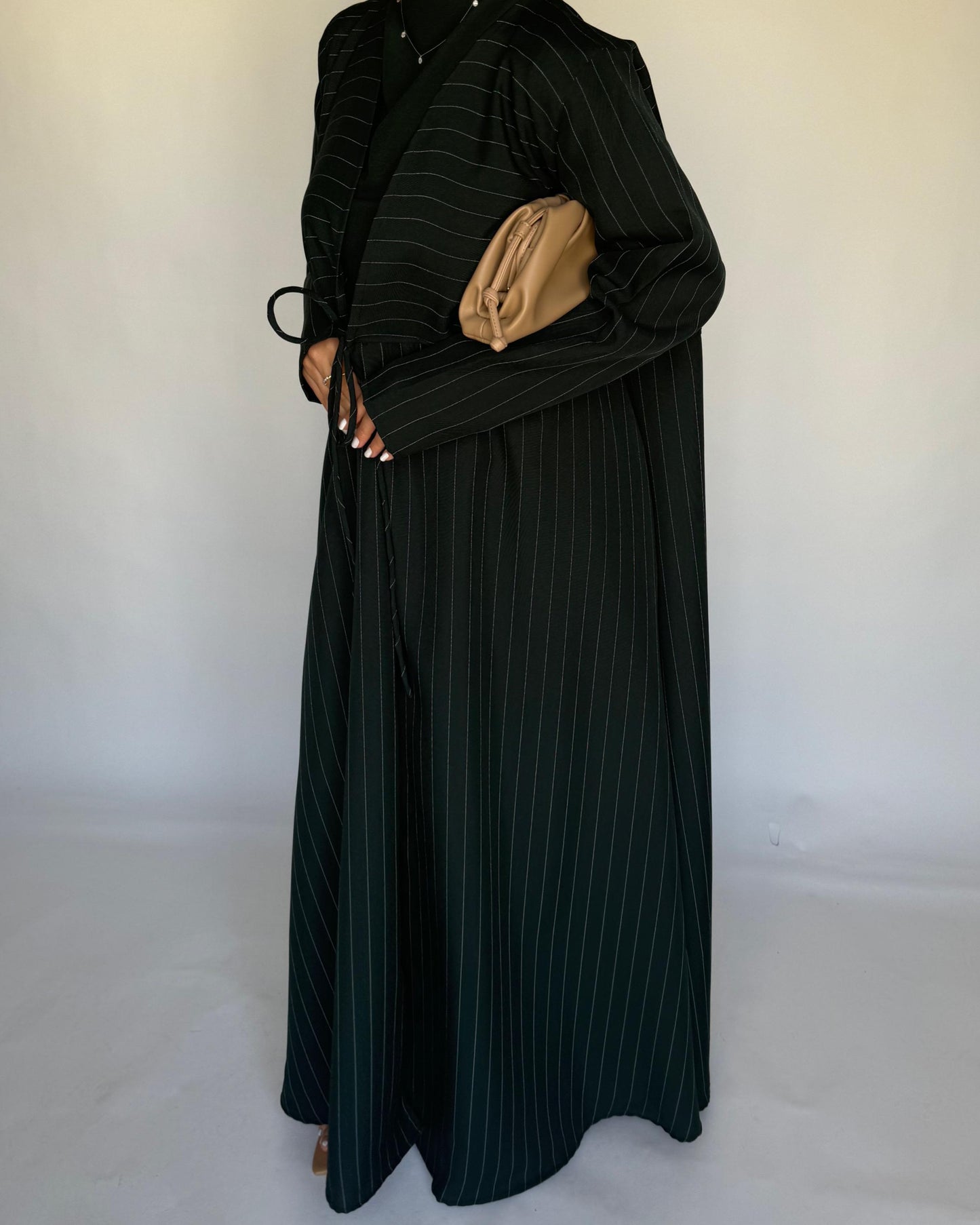 A319 - Striped Forest Green Daily Abaya, Dress & Head Scarf