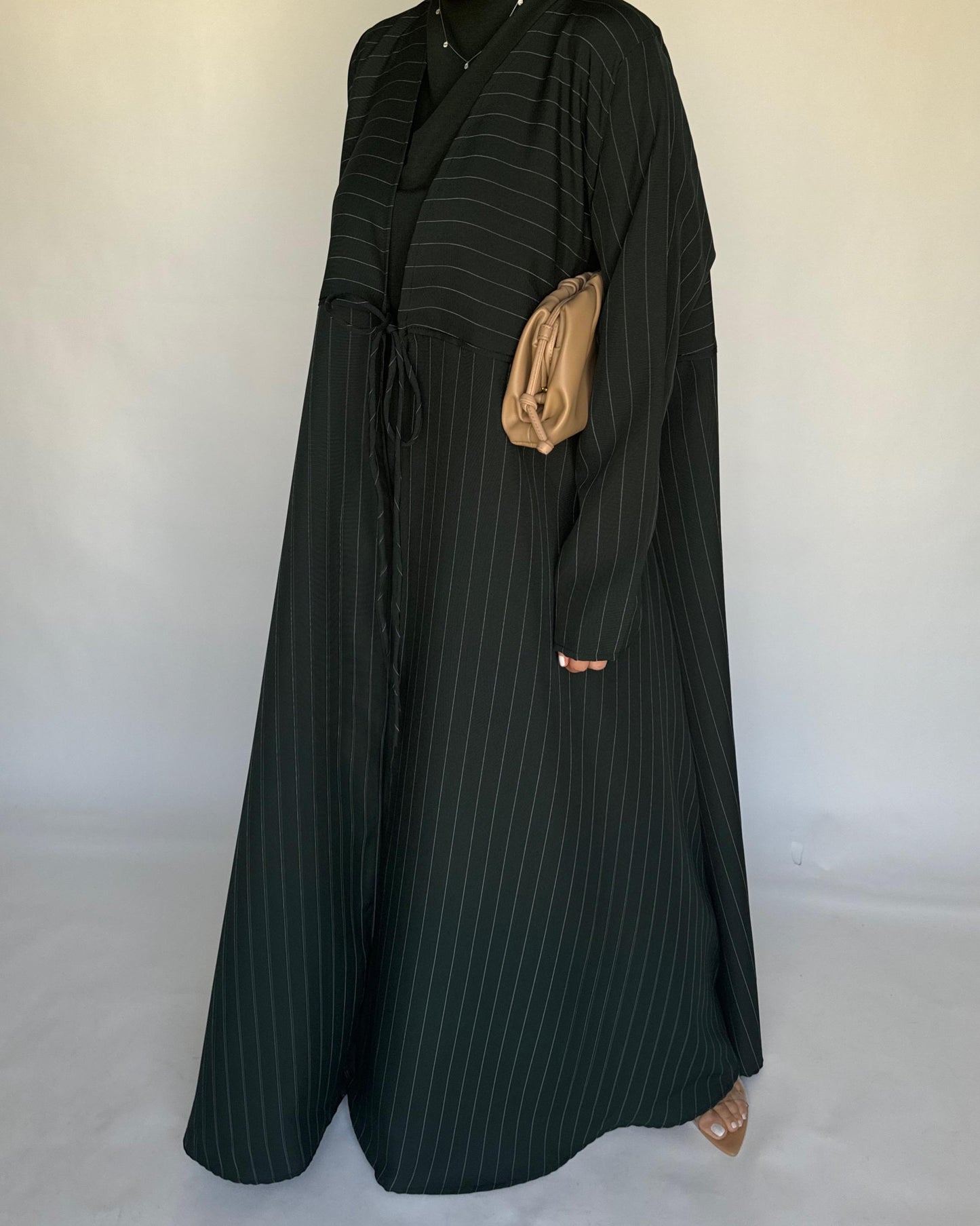 A319 - Striped Forest Green Daily Abaya, Dress & Head Scarf