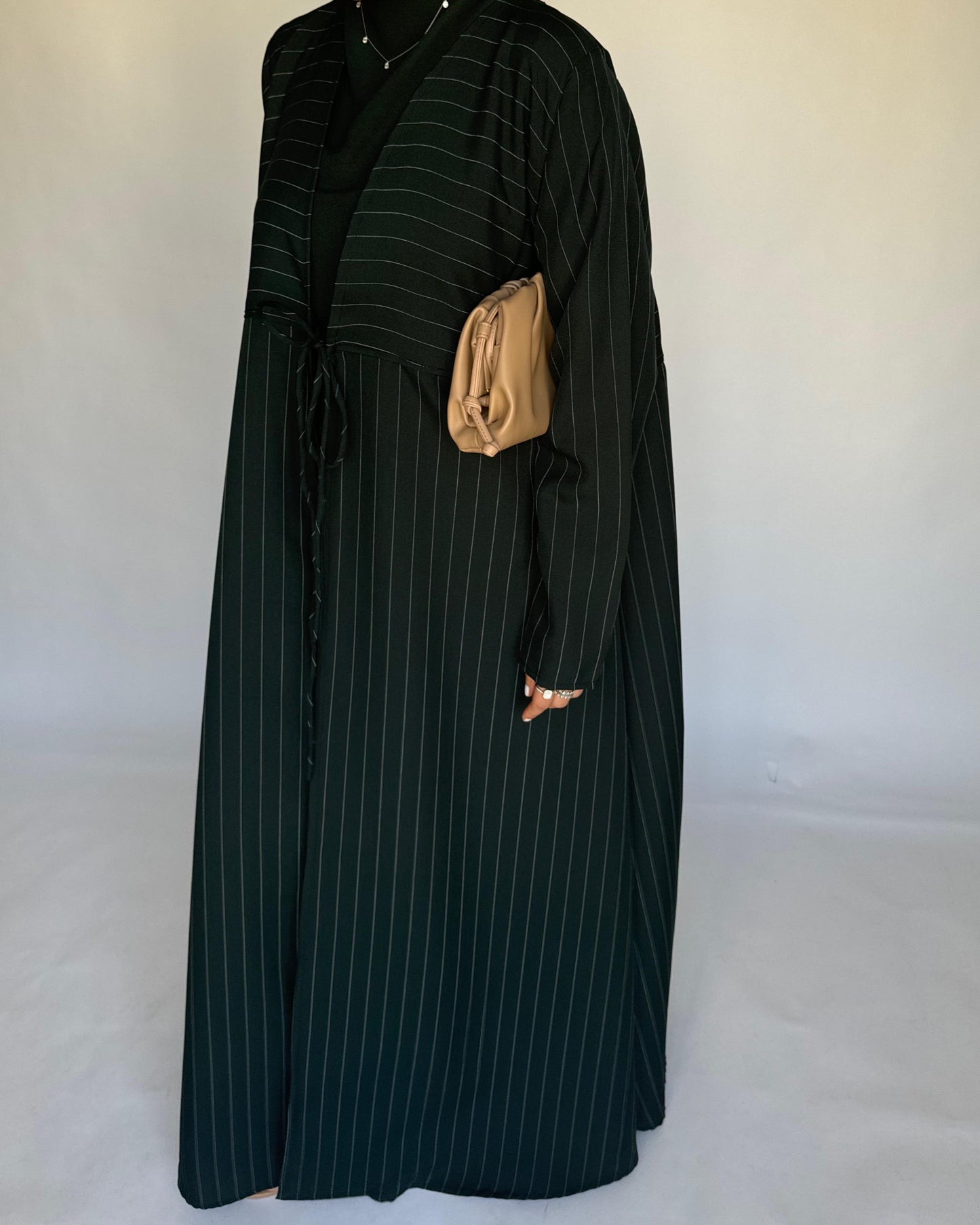 A319 - Striped Forest Green Daily Abaya, Dress & Head Scarf