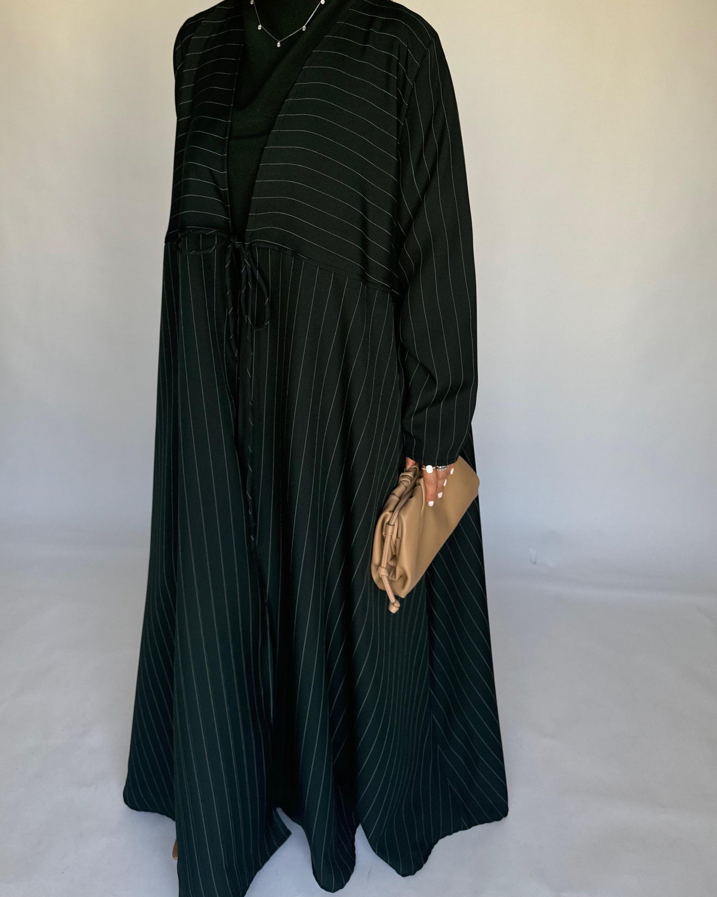 A319 - Striped Forest Green Daily Abaya, Dress & Head Scarf