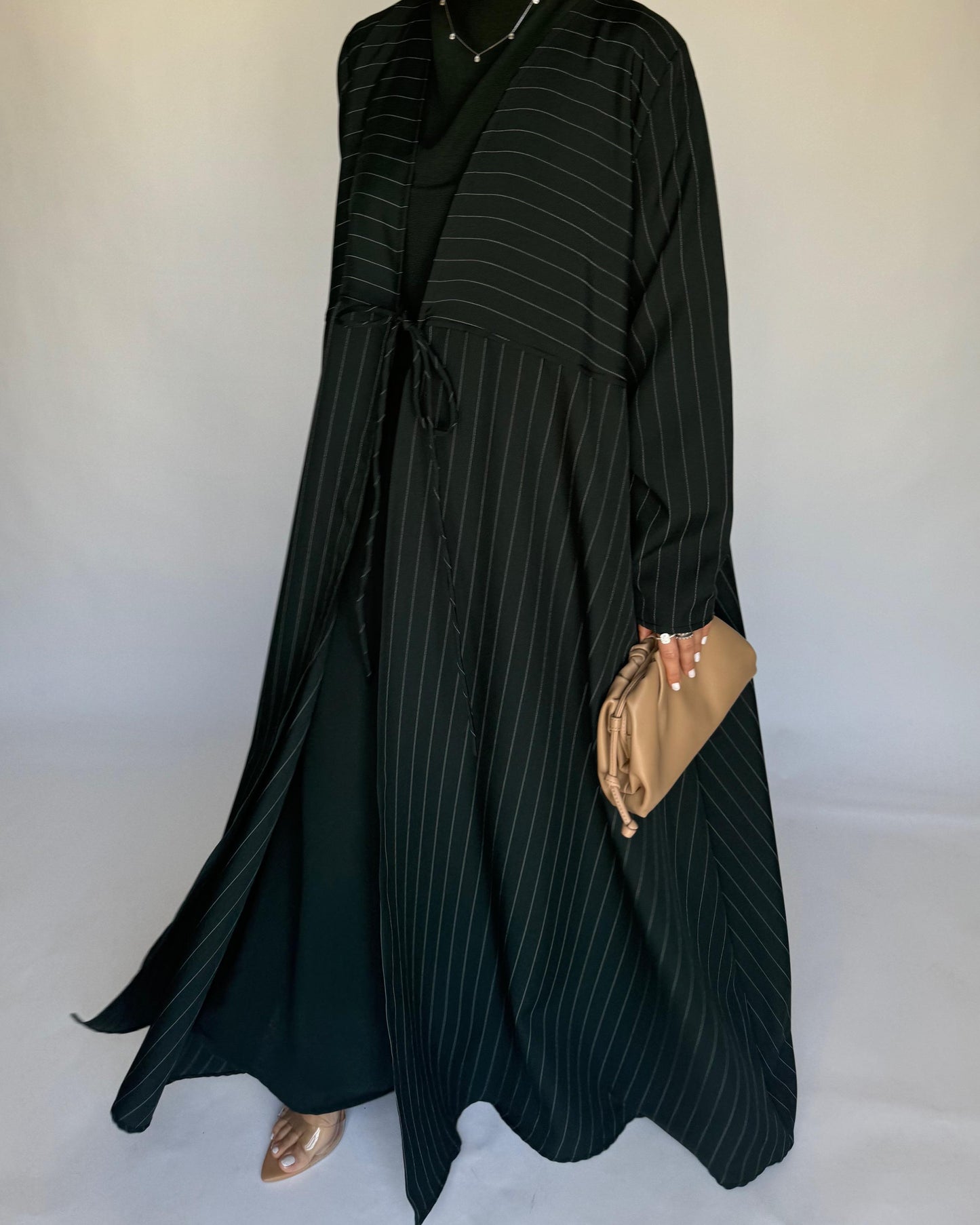 A319 - Striped Forest Green Daily Abaya, Dress & Head Scarf