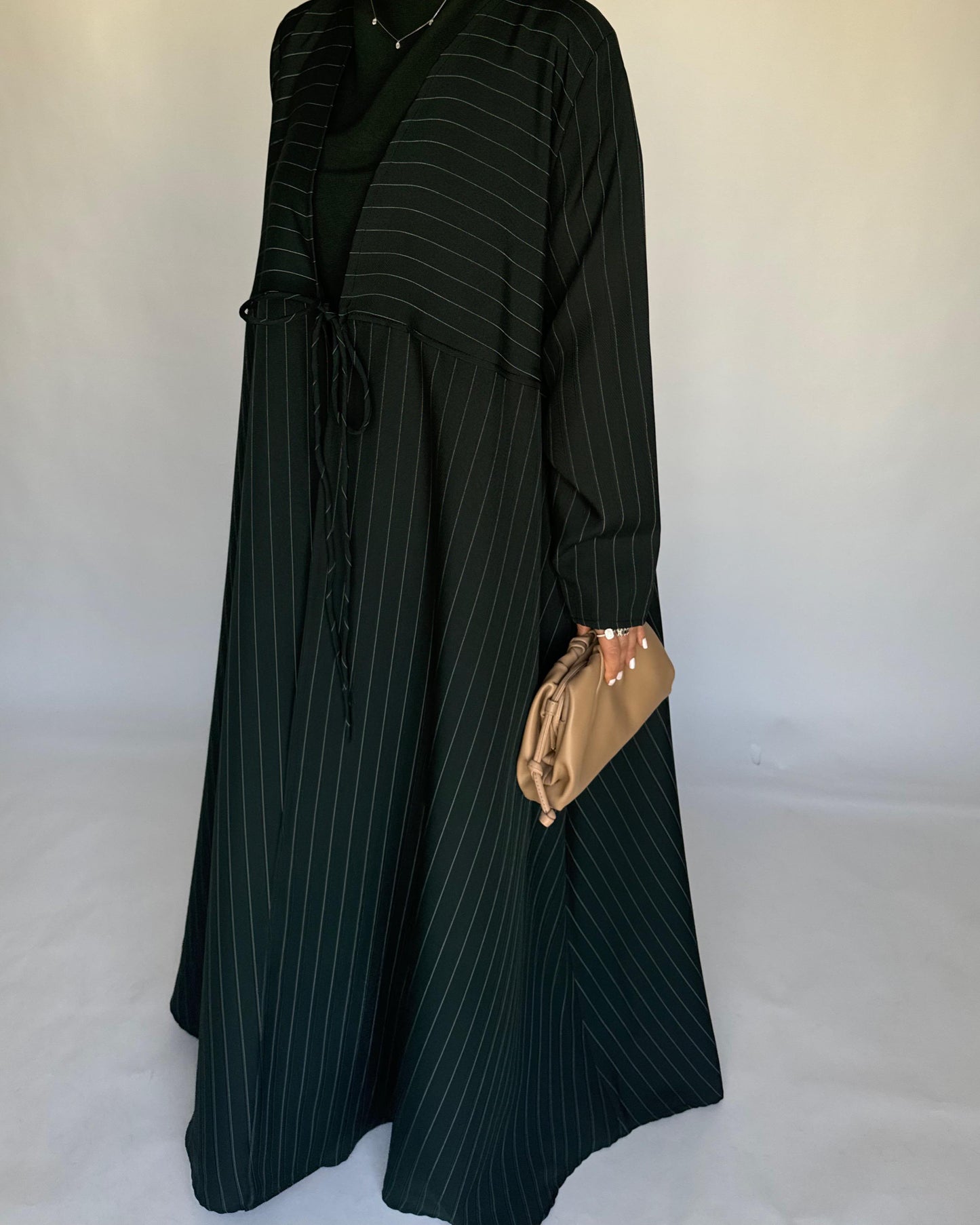 A319 - Striped Forest Green Daily Abaya, Dress & Head Scarf