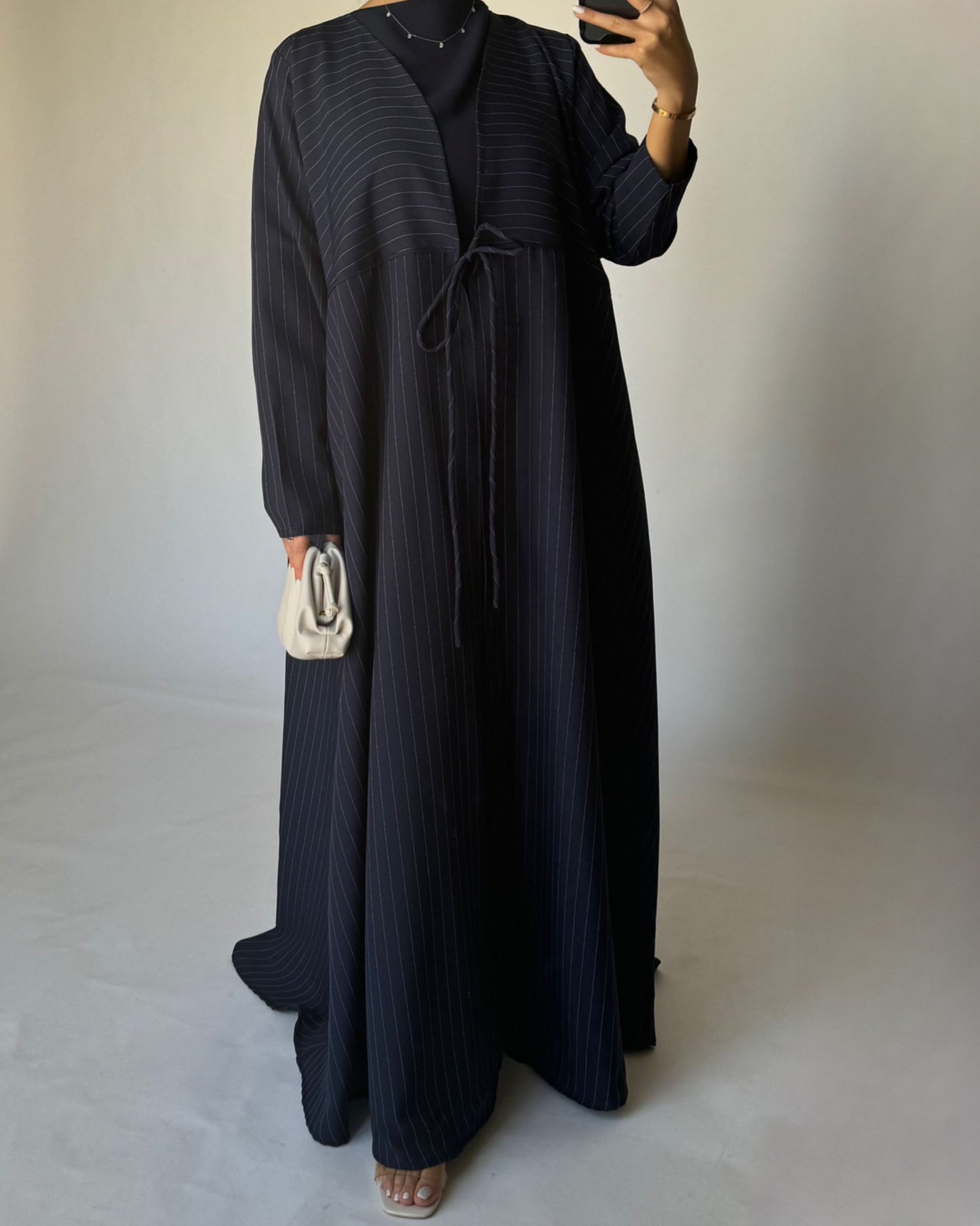 A322 - Striped Navy Blue Daily Abaya, Dress & Head Scarf