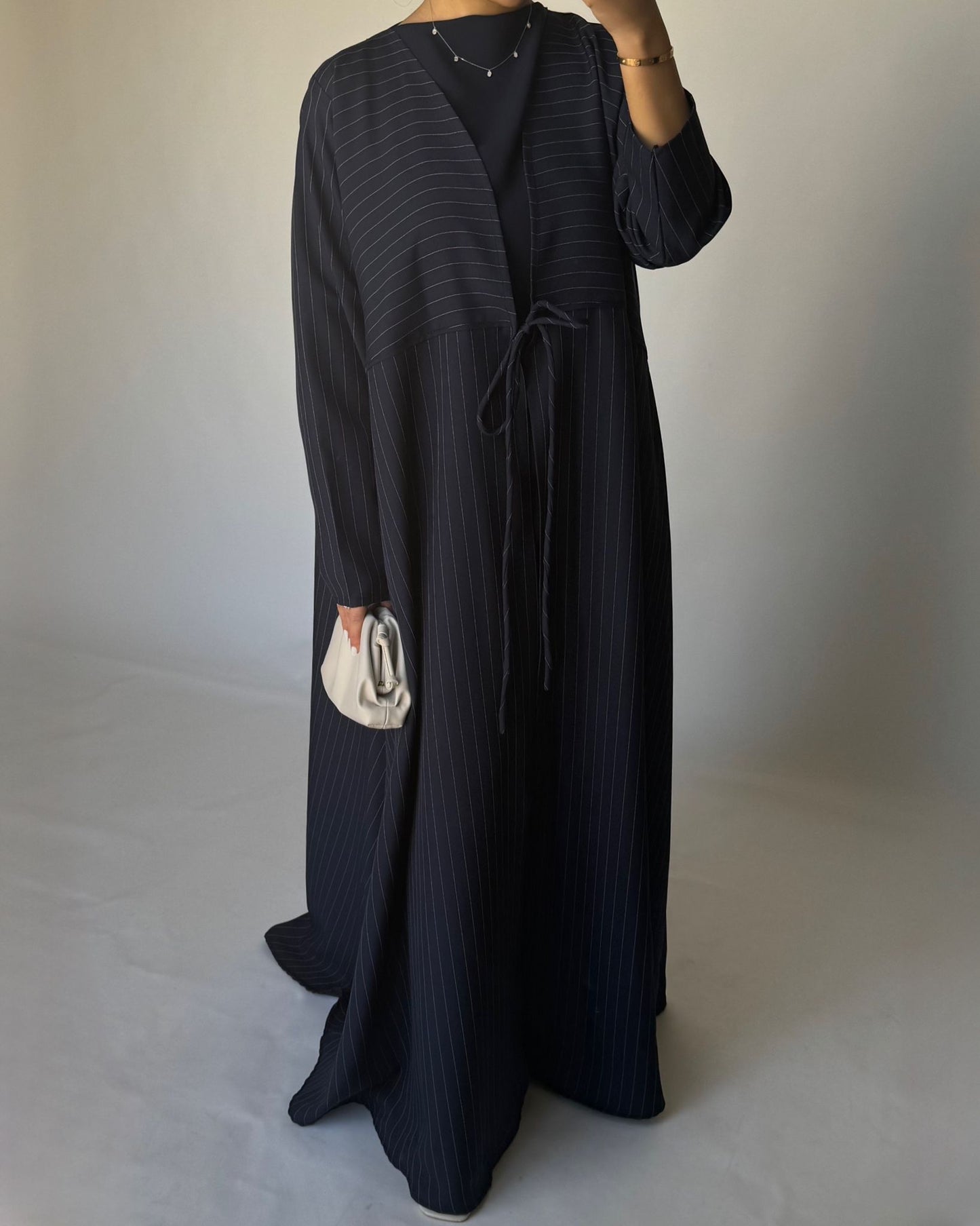 A322 - Striped Navy Blue Daily Abaya, Dress & Head Scarf