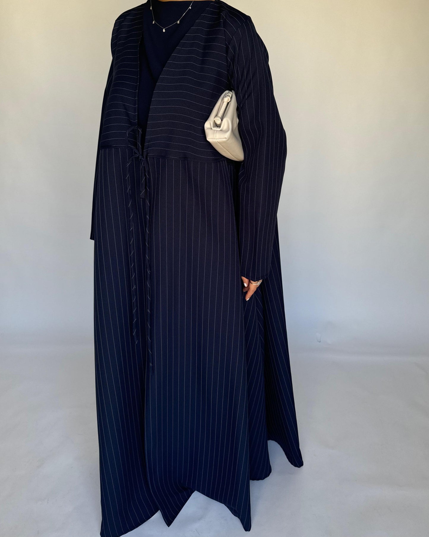 A322 - Striped Navy Blue Daily Abaya, Dress & Head Scarf