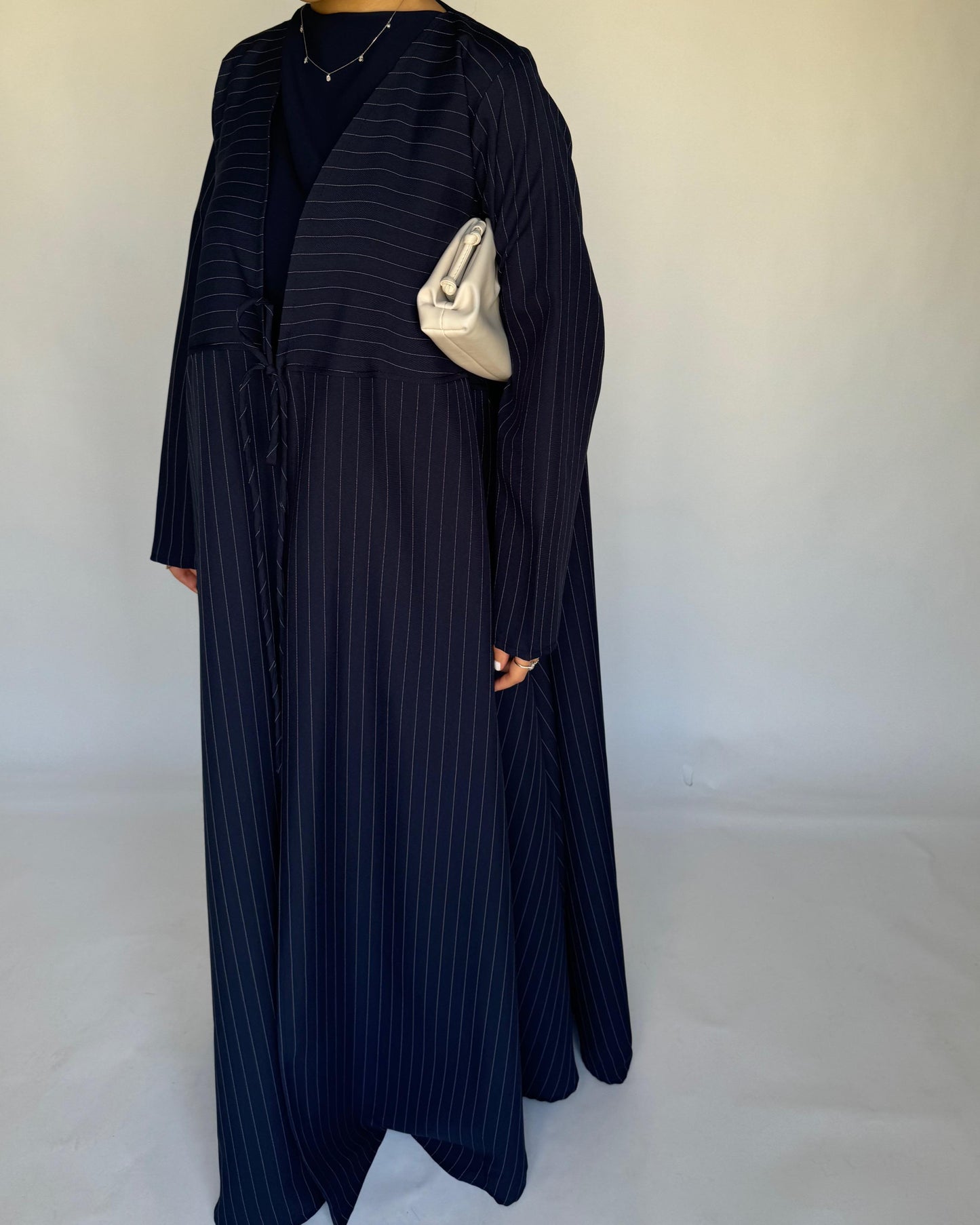 A322 - Striped Navy Blue Daily Abaya, Dress & Head Scarf