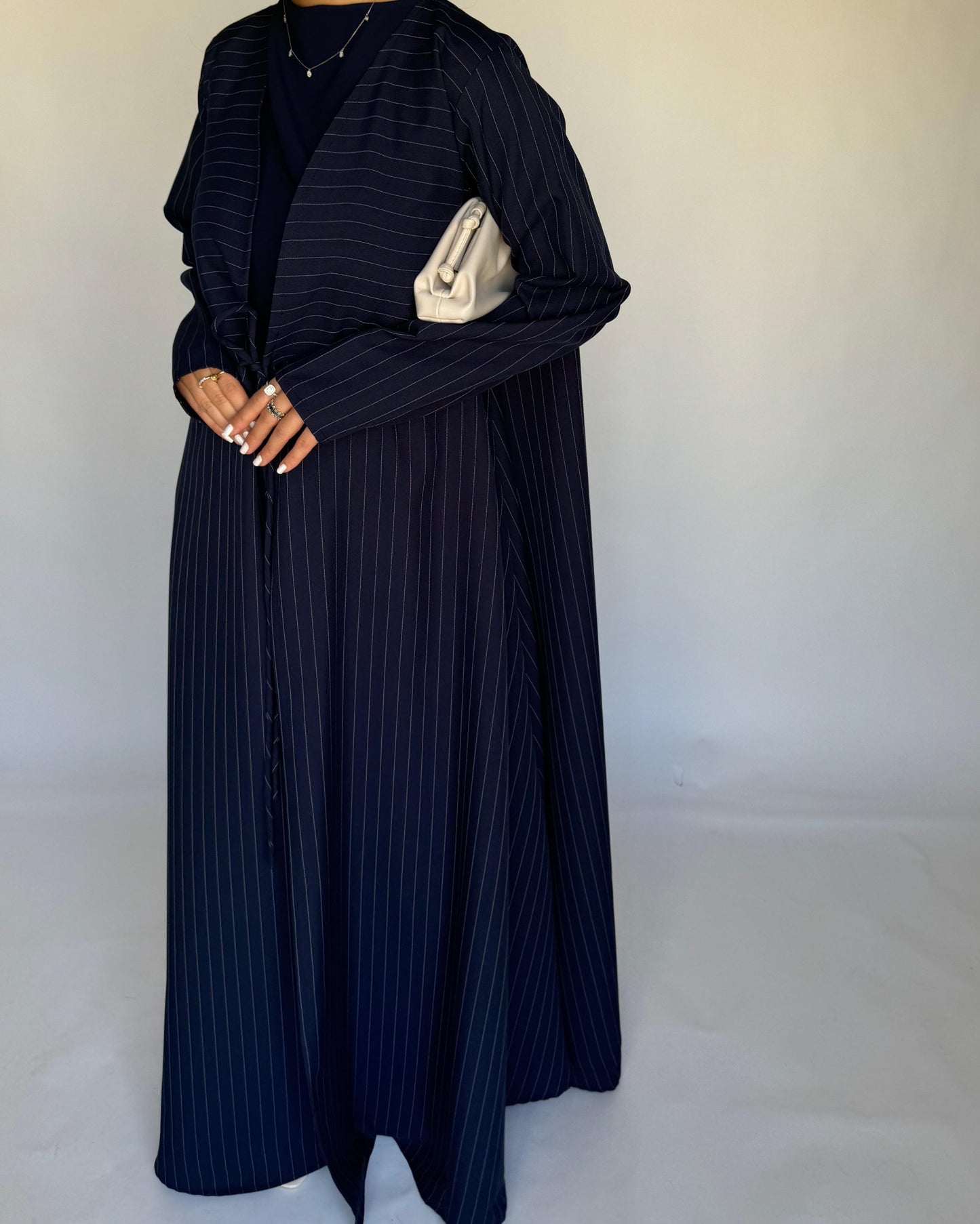 A322 - Striped Navy Blue Daily Abaya, Dress & Head Scarf