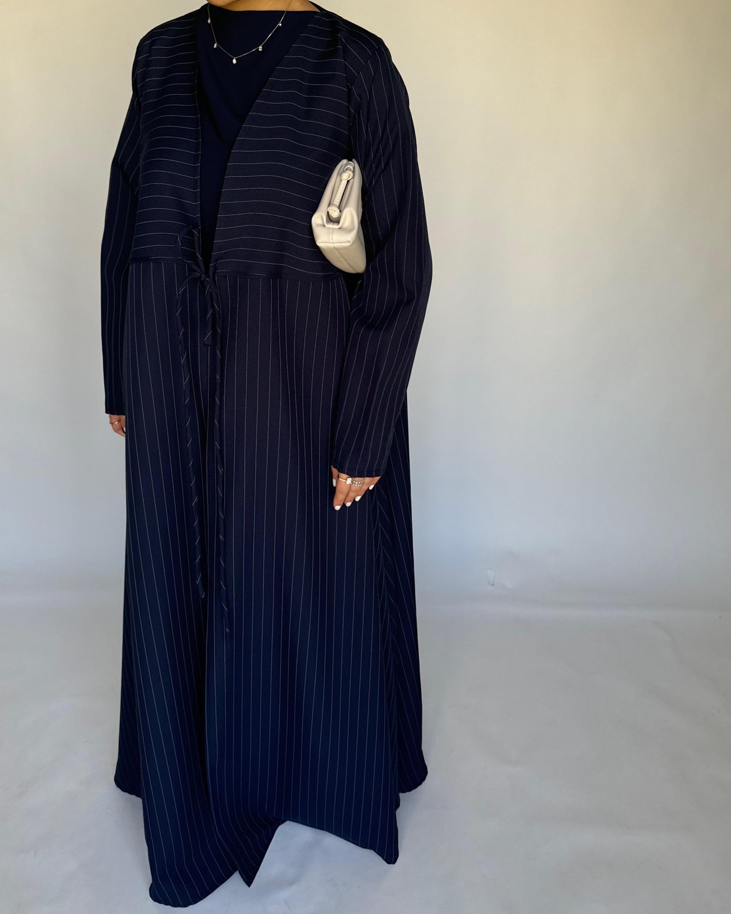 A322 - Striped Navy Blue Daily Abaya, Dress & Head Scarf