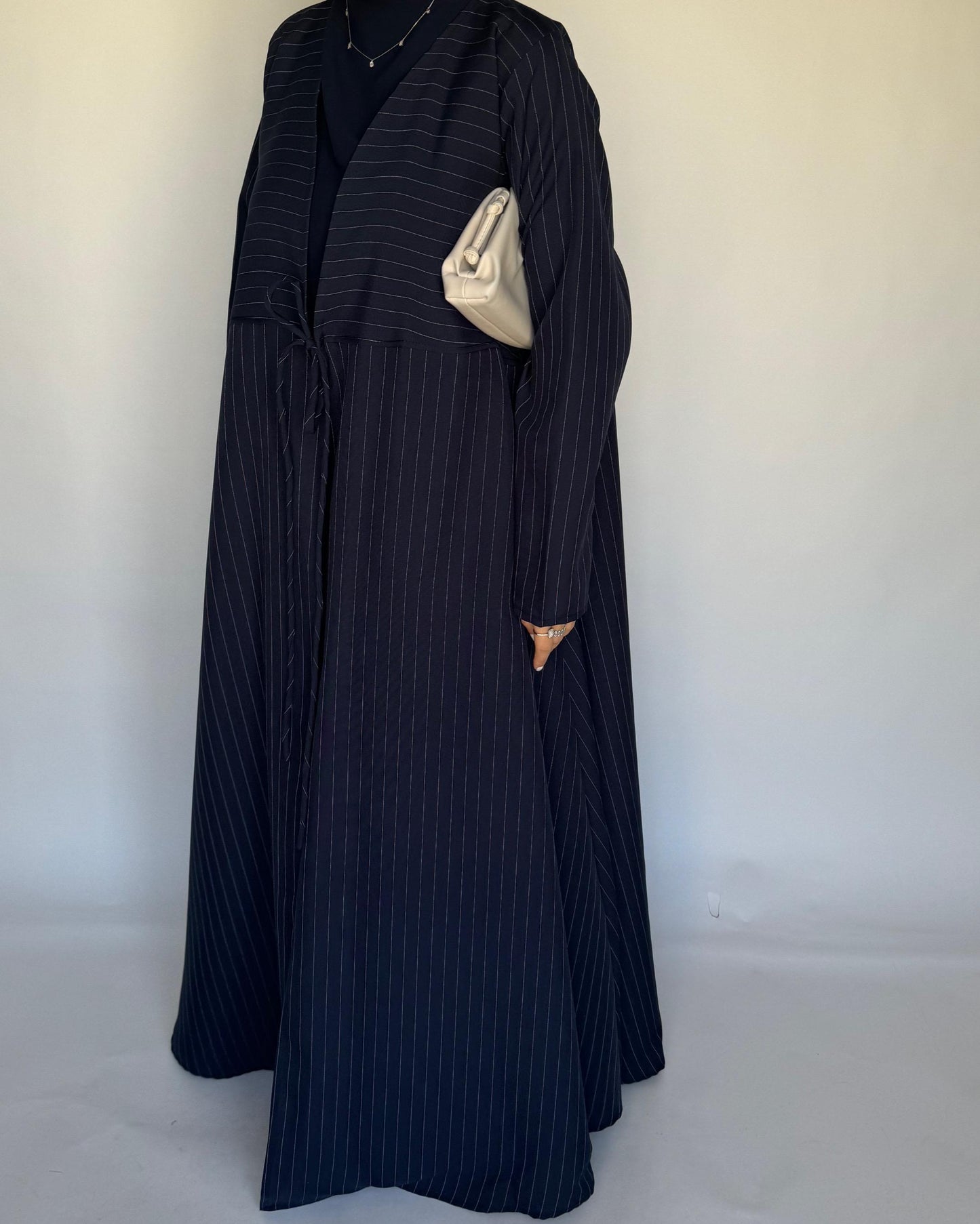 A322 - Striped Navy Blue Daily Abaya, Dress & Head Scarf