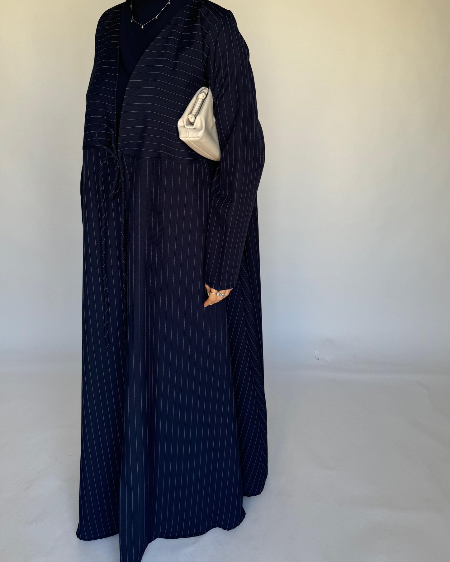 A322 - Striped Navy Blue Daily Abaya, Dress & Head Scarf