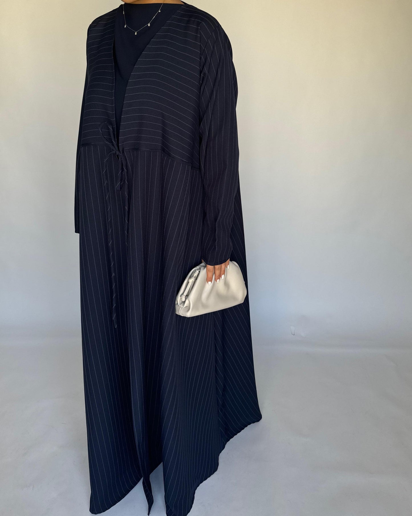 A322 - Striped Navy Blue Daily Abaya, Dress & Head Scarf