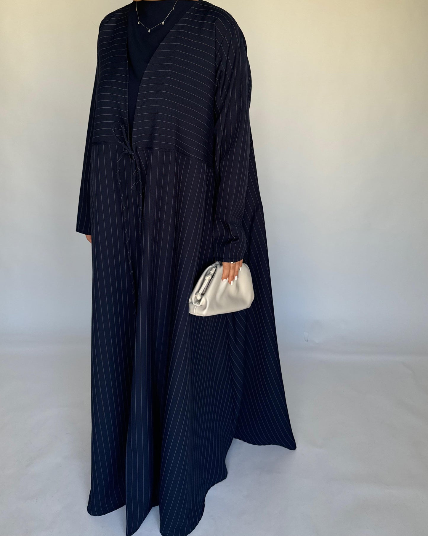 A322 - Striped Navy Blue Daily Abaya, Dress & Head Scarf