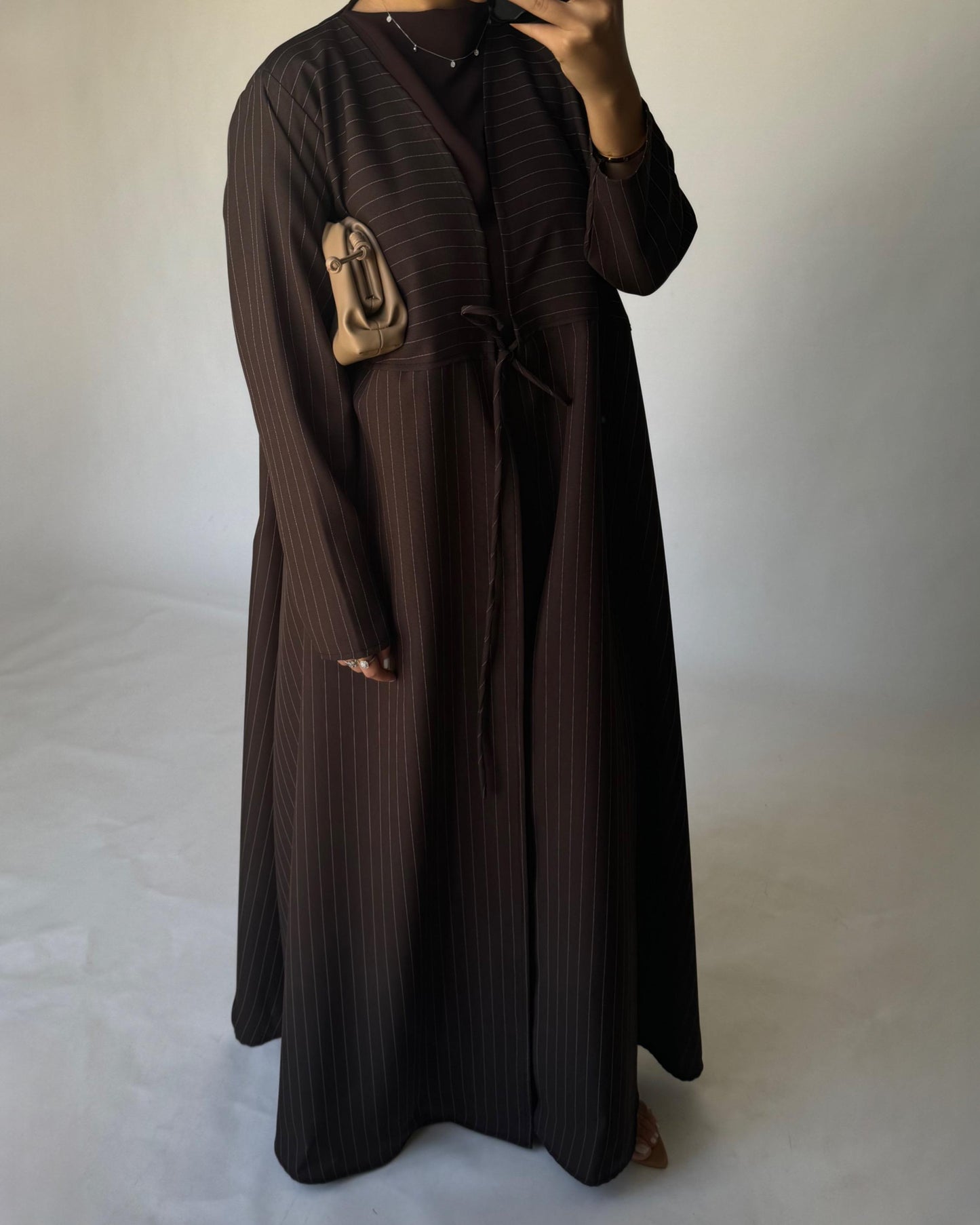 A318 - Striped Brown Daily Abaya, Dress & Head Scarf