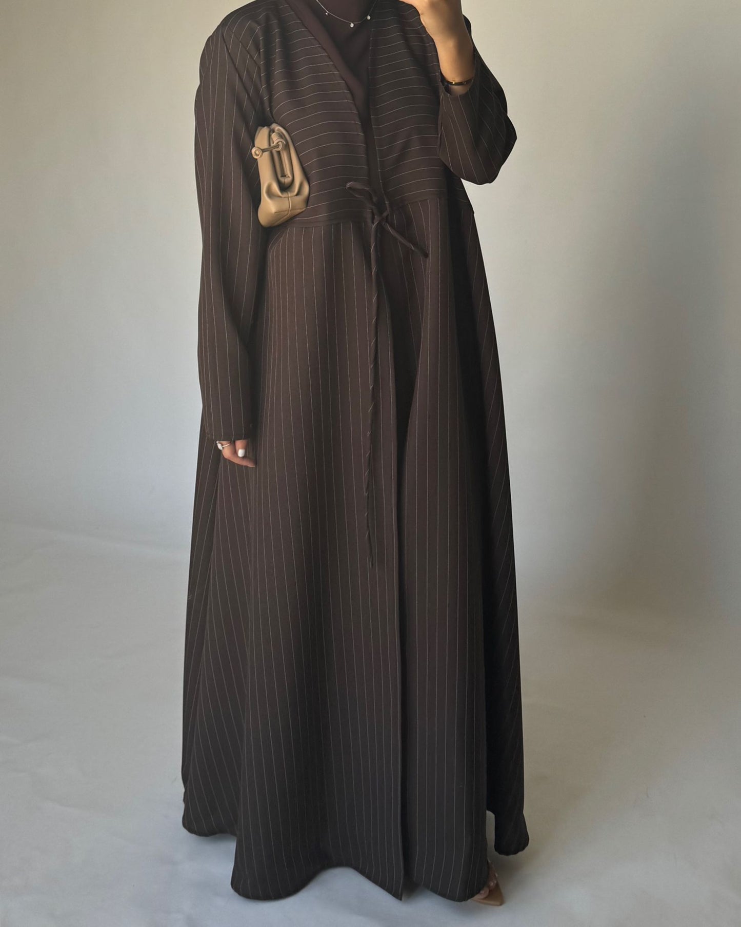 A318 - Striped Brown Daily Abaya, Dress & Head Scarf