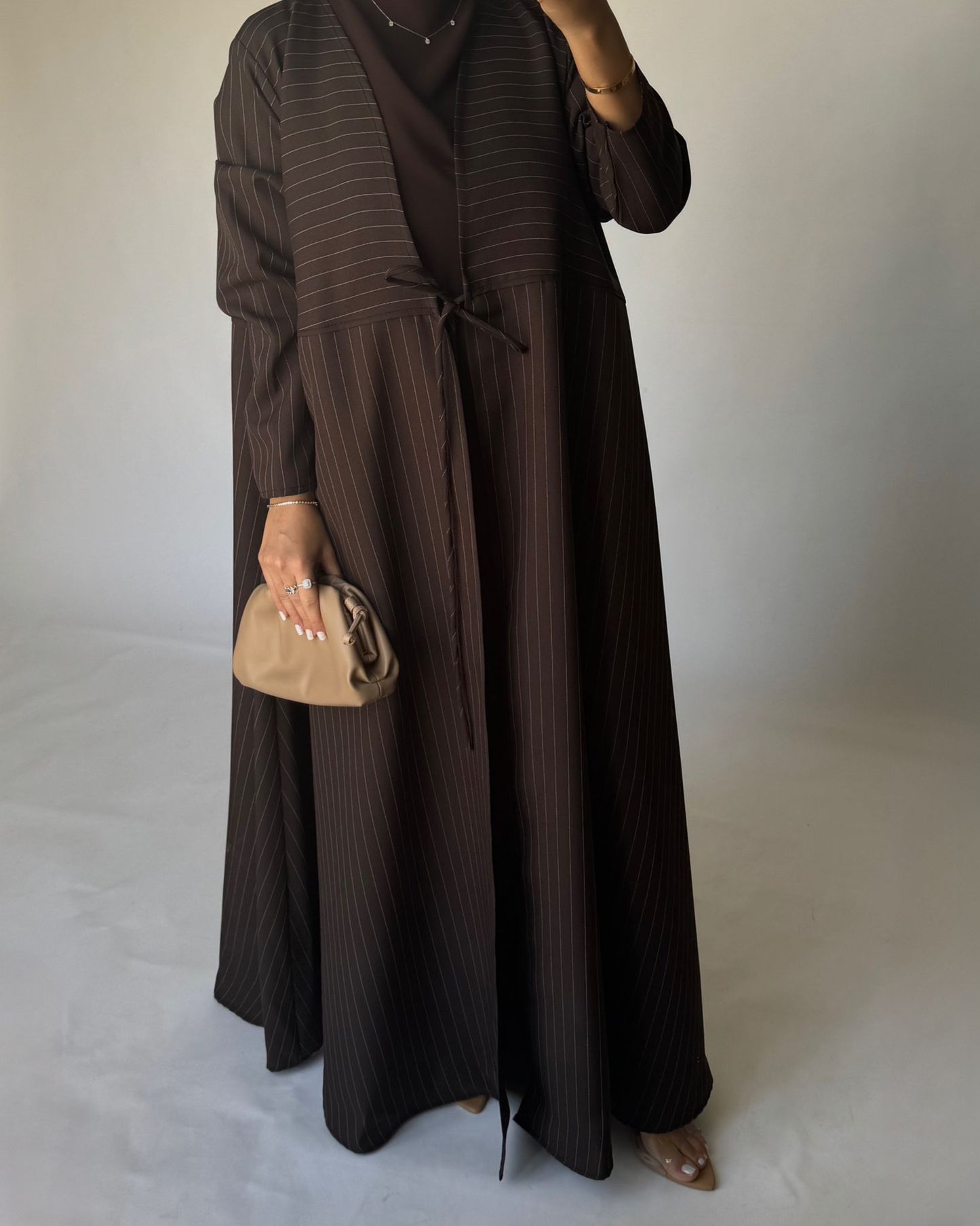 A318 - Striped Brown Daily Abaya, Dress & Head Scarf