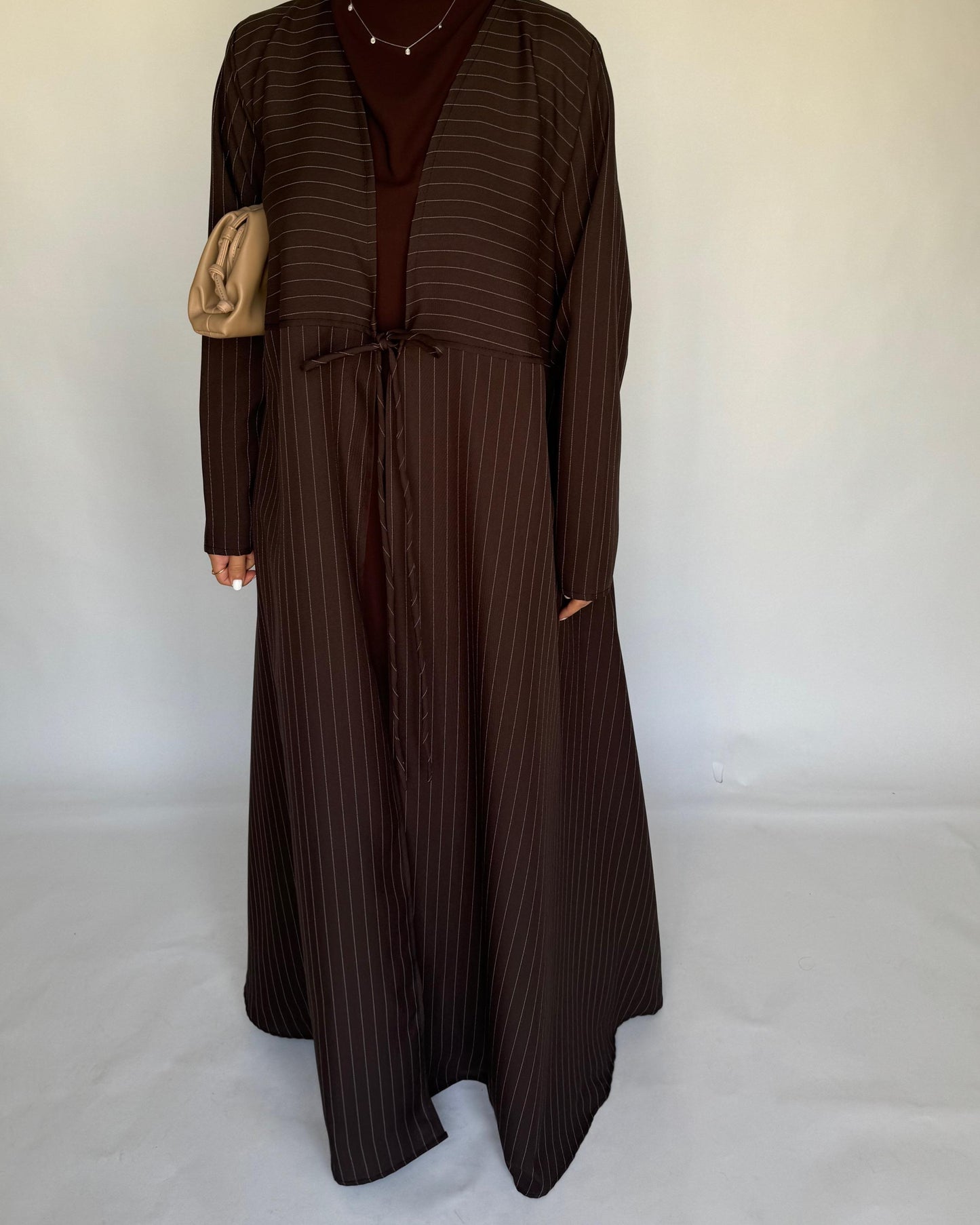 A318 - Striped Brown Daily Abaya, Dress & Head Scarf