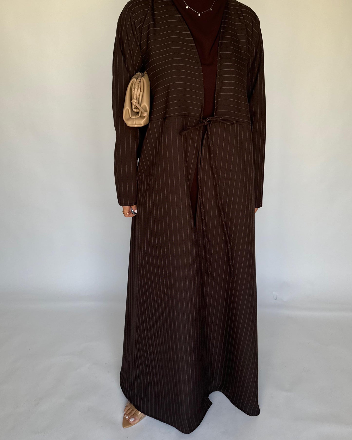 A318 - Striped Brown Daily Abaya, Dress & Head Scarf