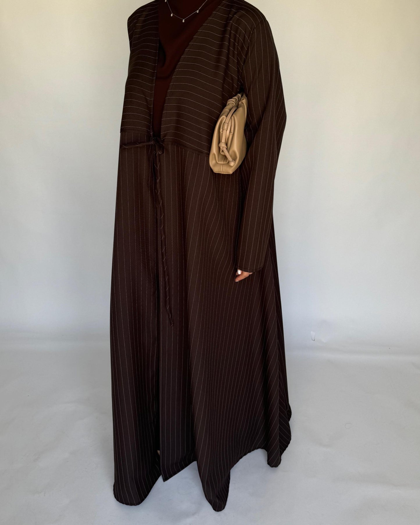 A318 - Striped Brown Daily Abaya, Dress & Head Scarf