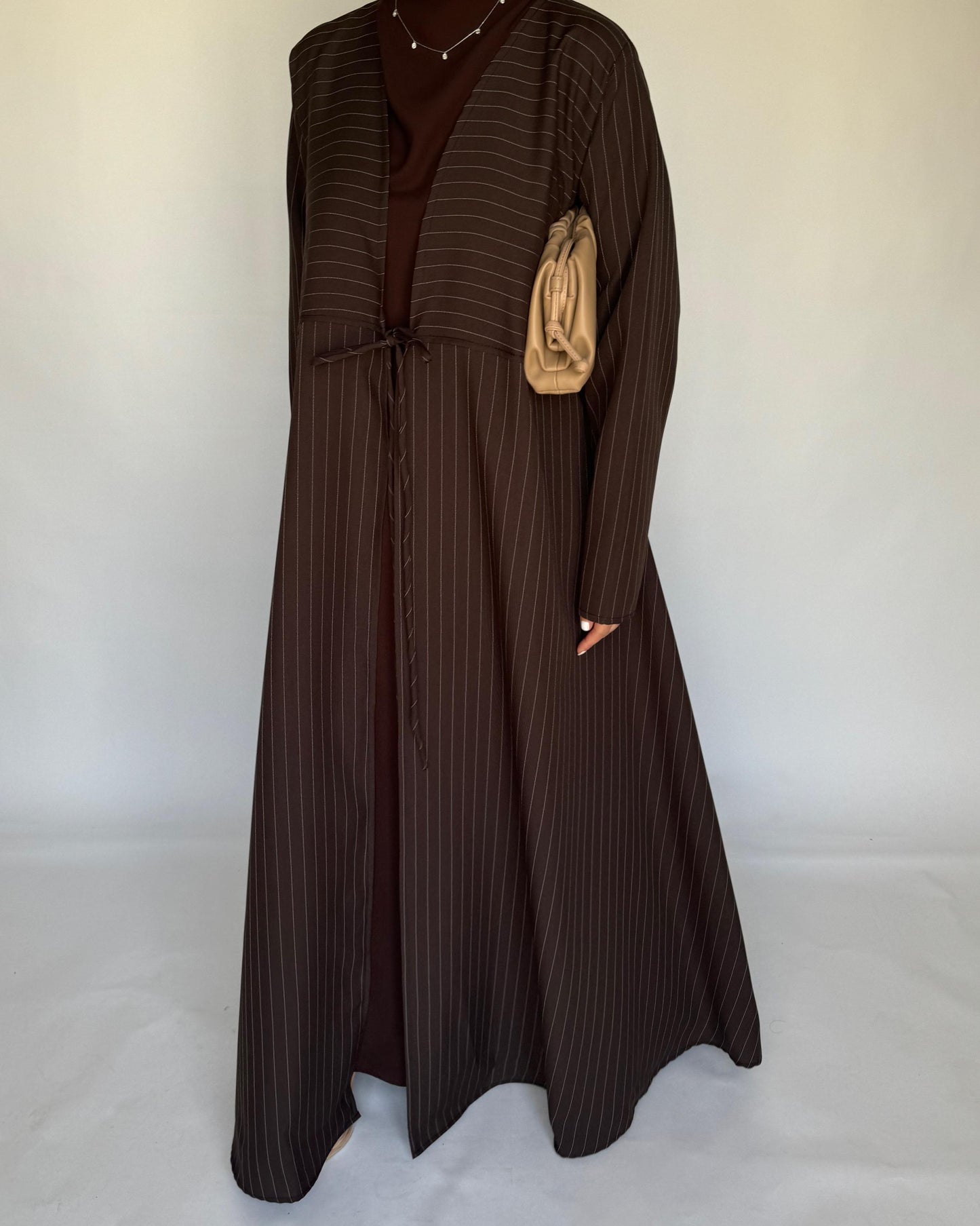 A318 - Striped Brown Daily Abaya, Dress & Head Scarf