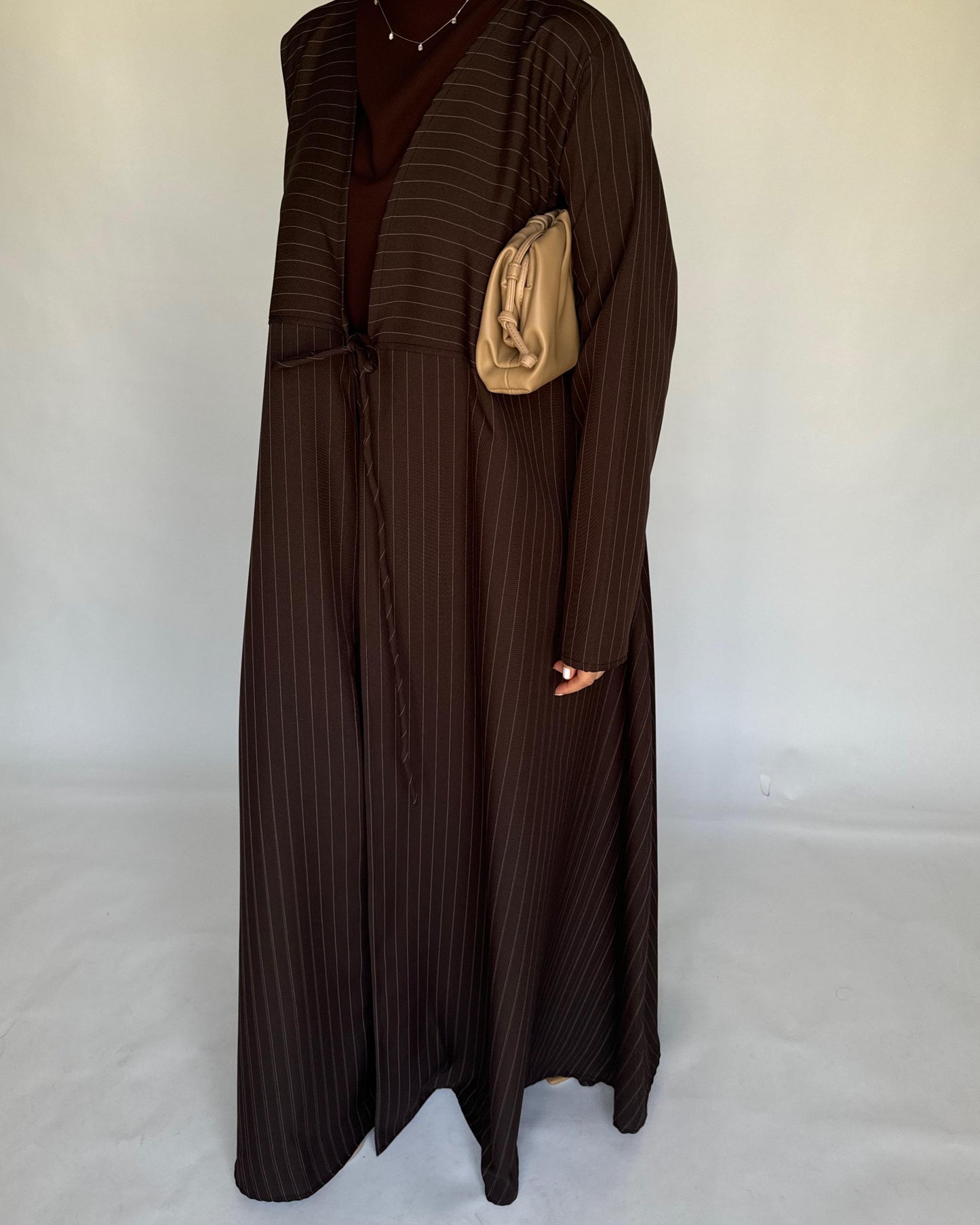 A318 - Striped Brown Daily Abaya, Dress & Head Scarf