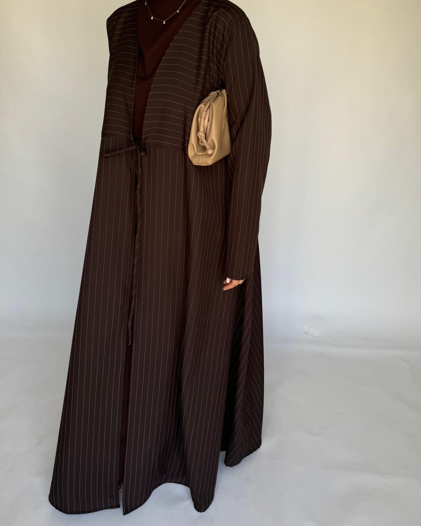 A318 - Striped Brown Daily Abaya, Dress & Head Scarf