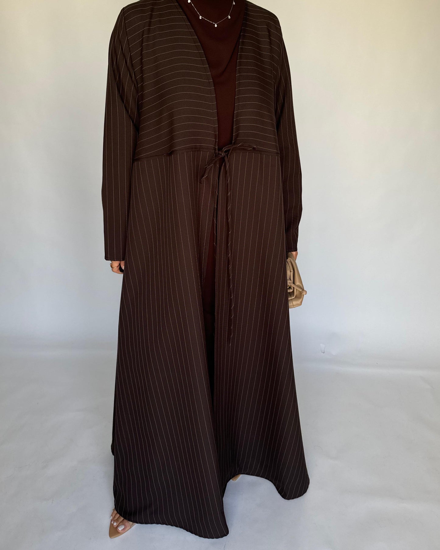 A318 - Striped Brown Daily Abaya, Dress & Head Scarf