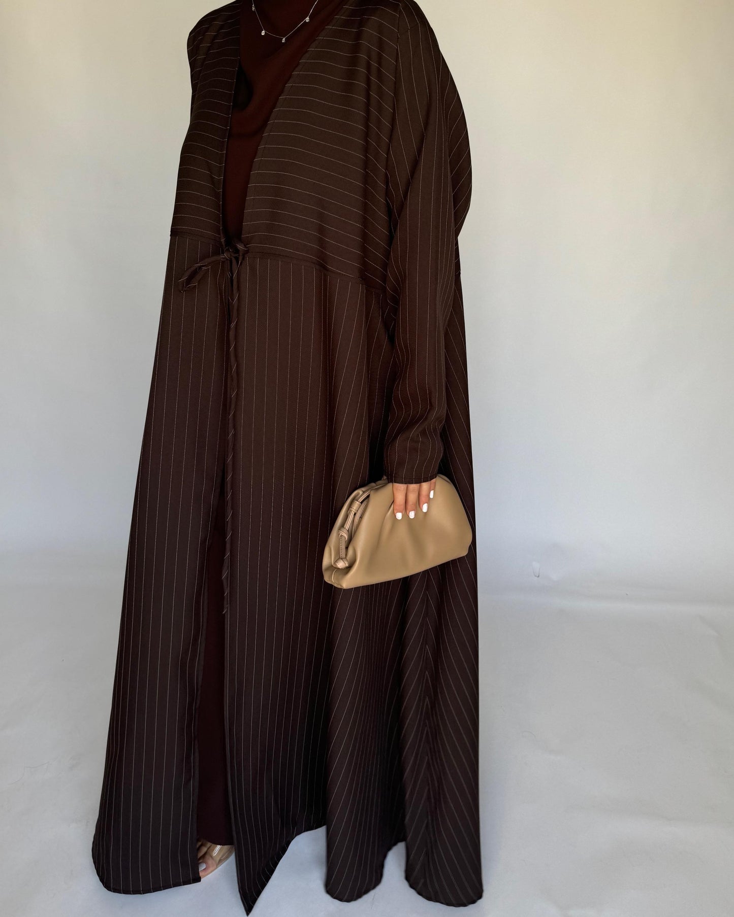 A318 - Striped Brown Daily Abaya, Dress & Head Scarf