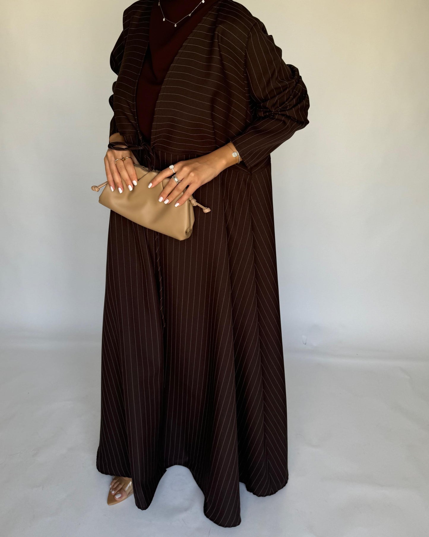 A318 - Striped Brown Daily Abaya, Dress & Head Scarf