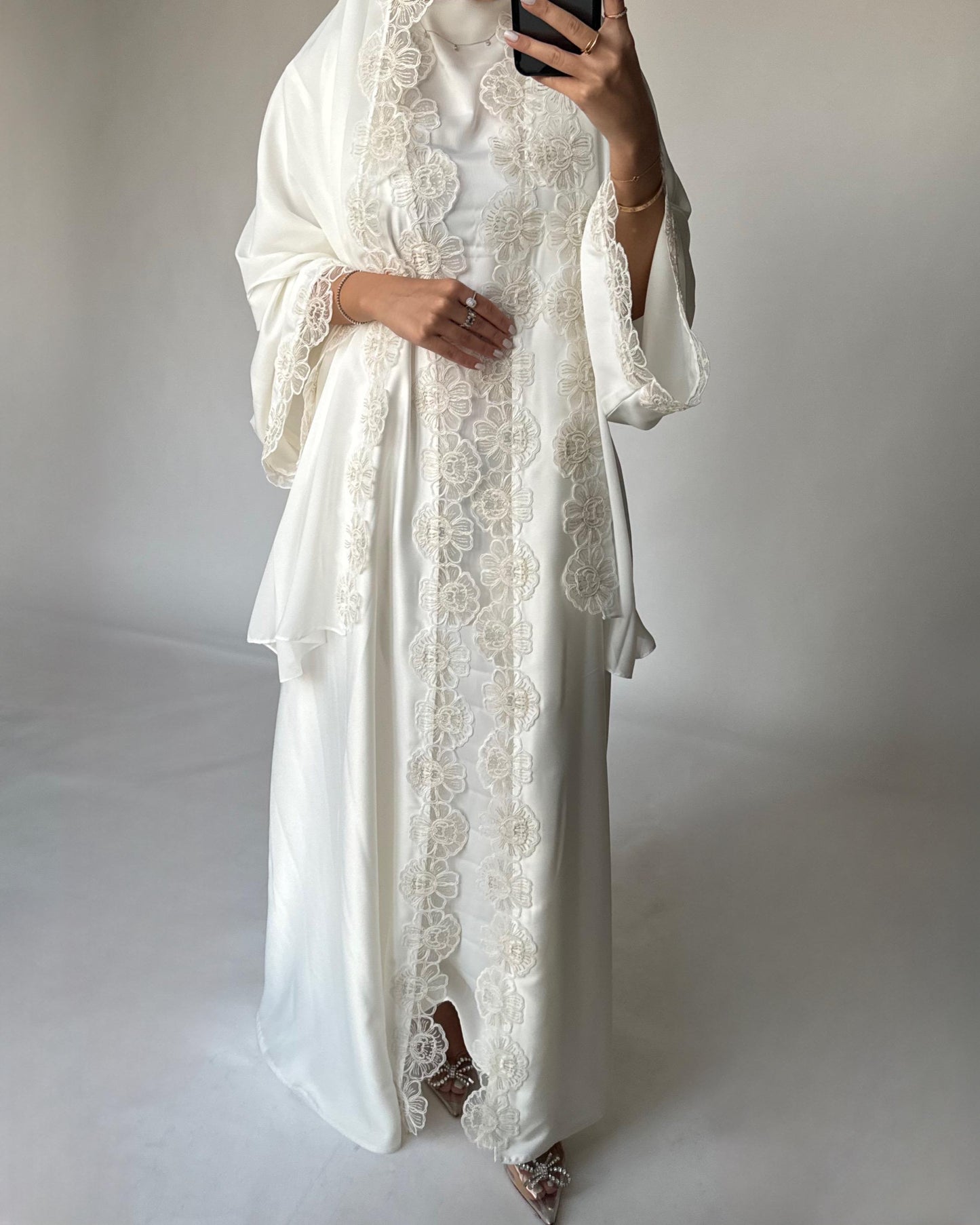 A325 - Off-white Lace A-Cut Abaya, Matching Dress & Head Scarf