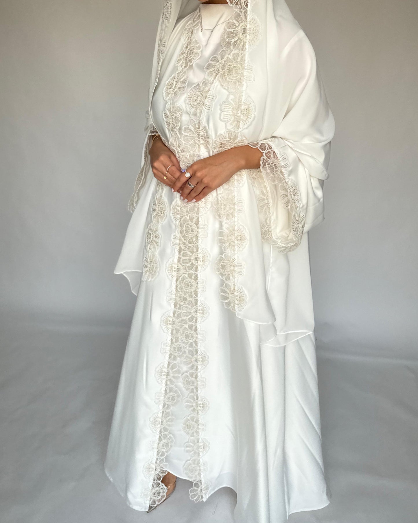 A325 - Off-white Lace A-Cut Abaya, Matching Dress & Head Scarf