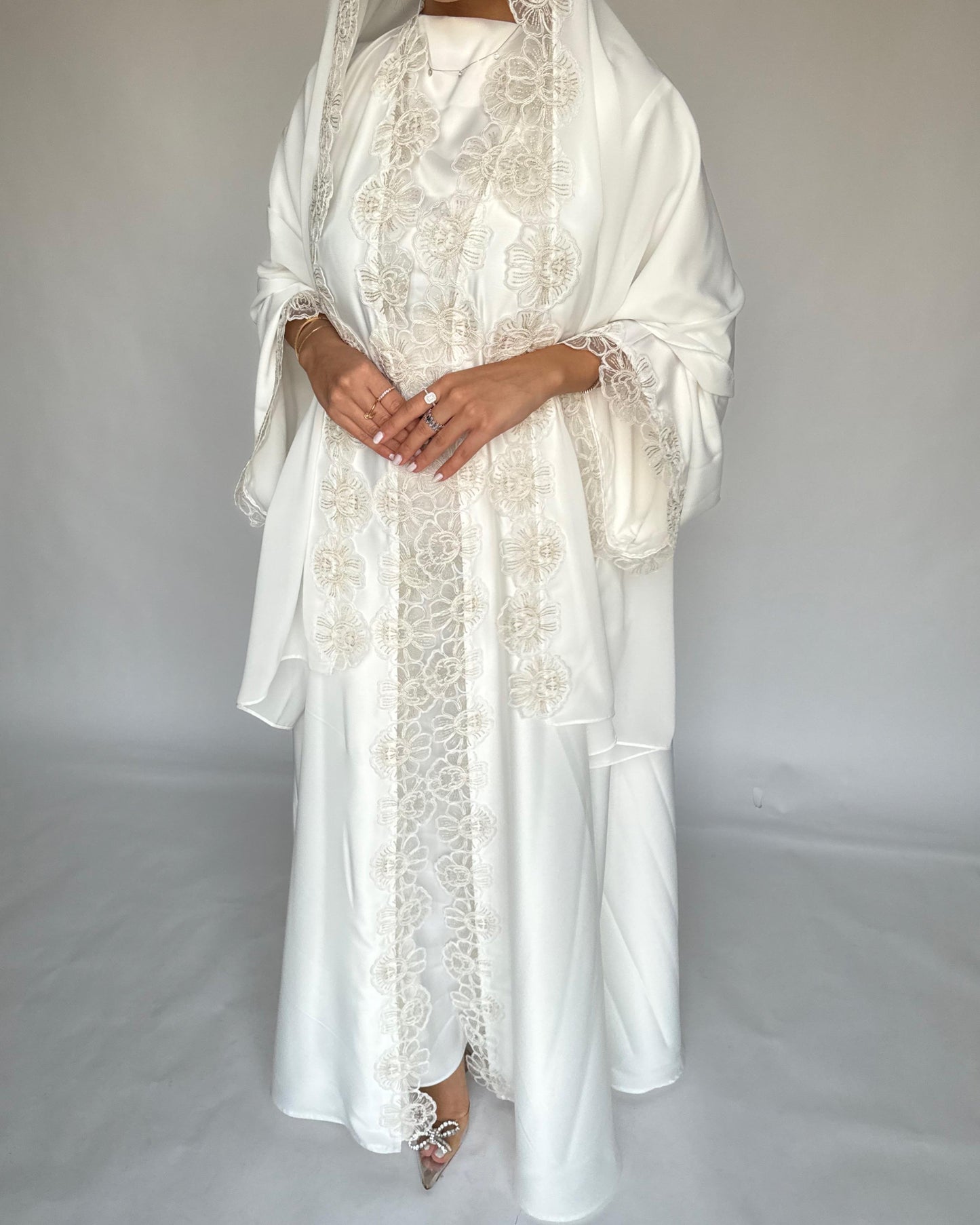 A325 - Off-white Lace A-Cut Abaya, Matching Dress & Head Scarf