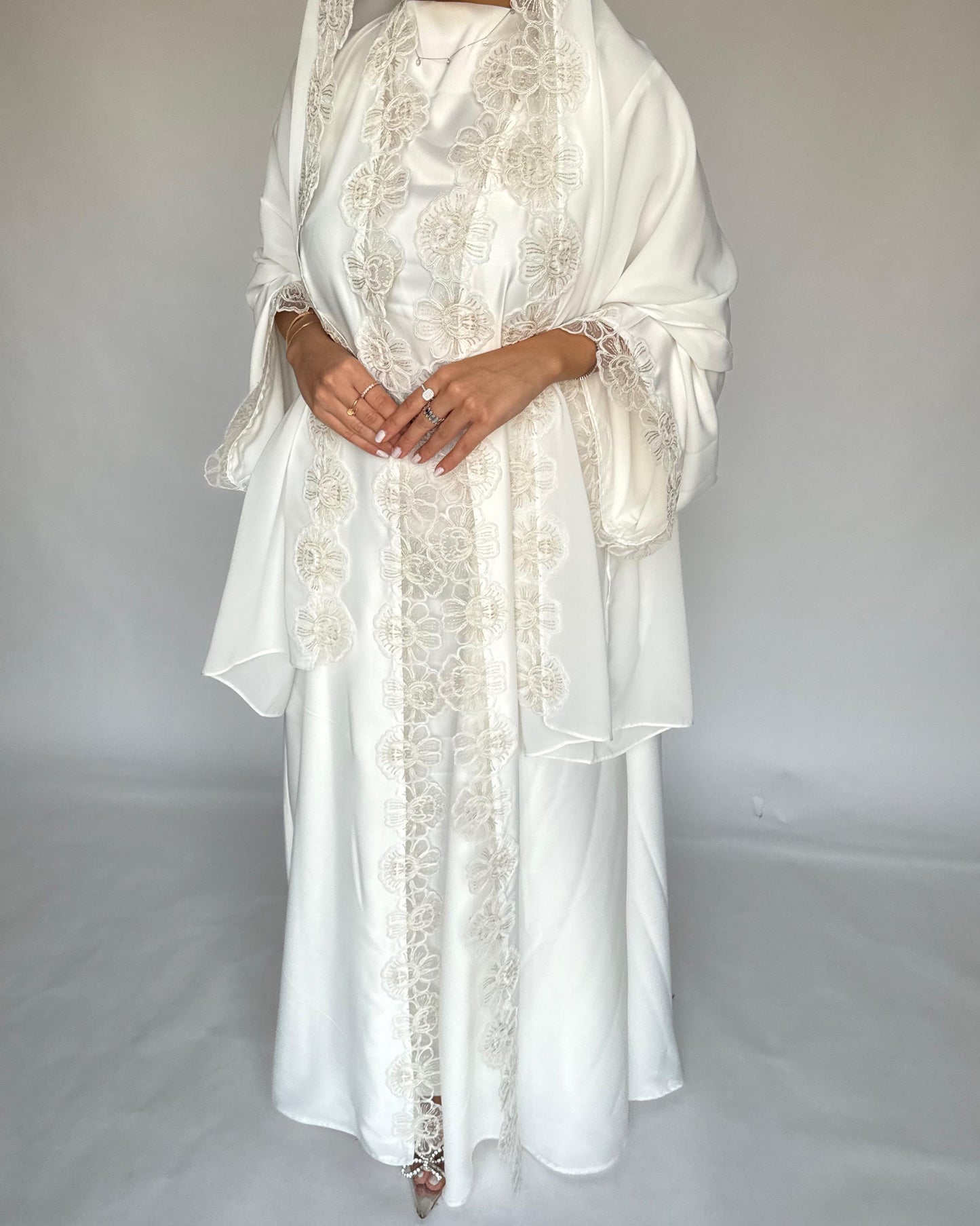 A325 - Off-white Lace A-Cut Abaya, Matching Dress & Head Scarf