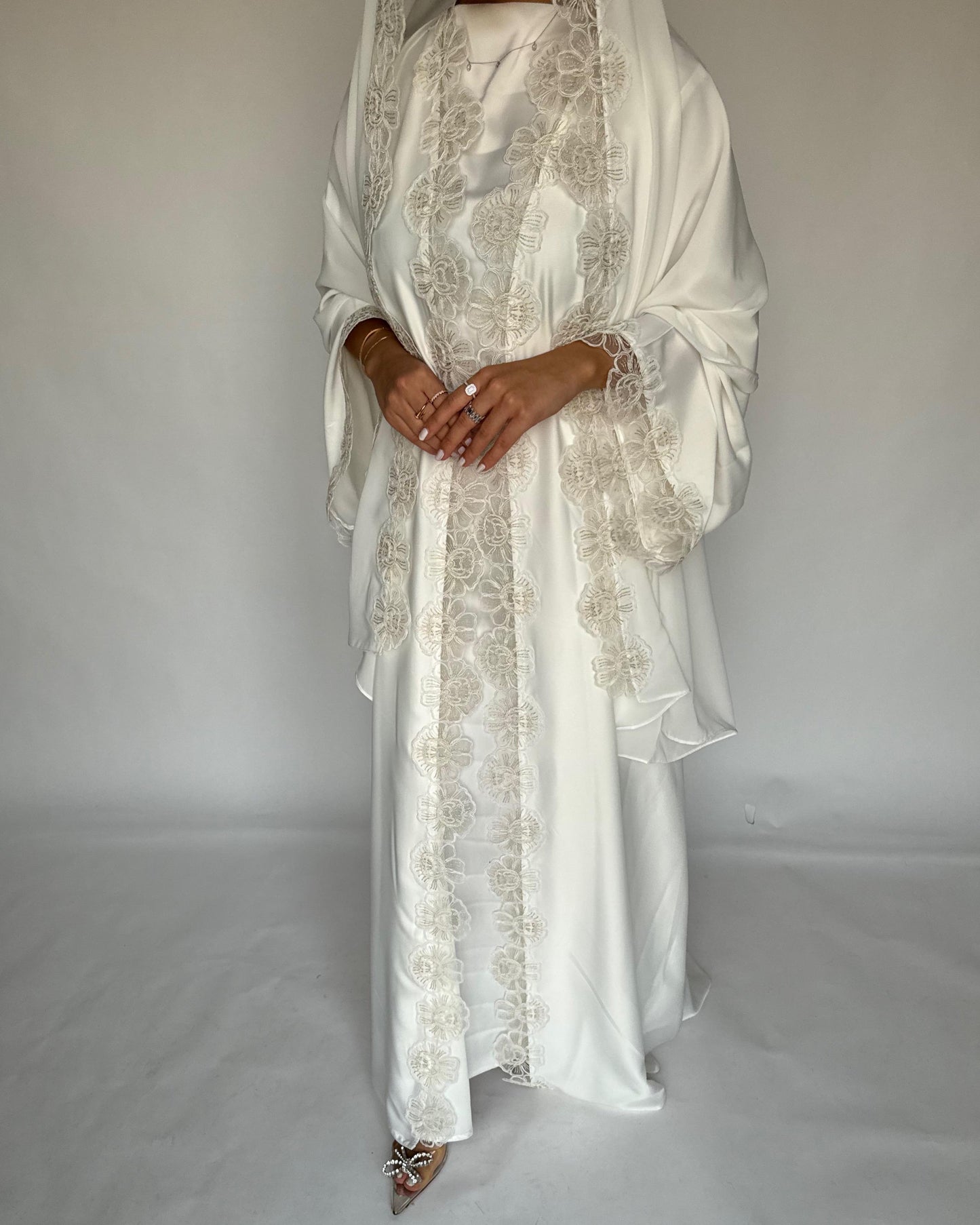 A325 - Off-white Lace A-Cut Abaya, Matching Dress & Head Scarf