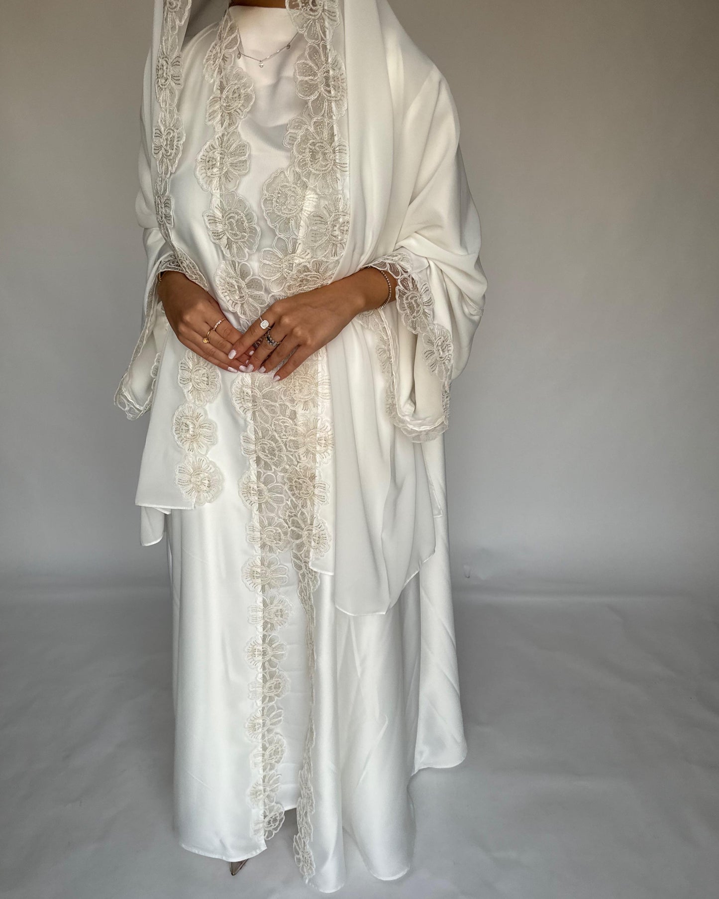 A325 - Off-white Lace A-Cut Abaya, Matching Dress & Head Scarf