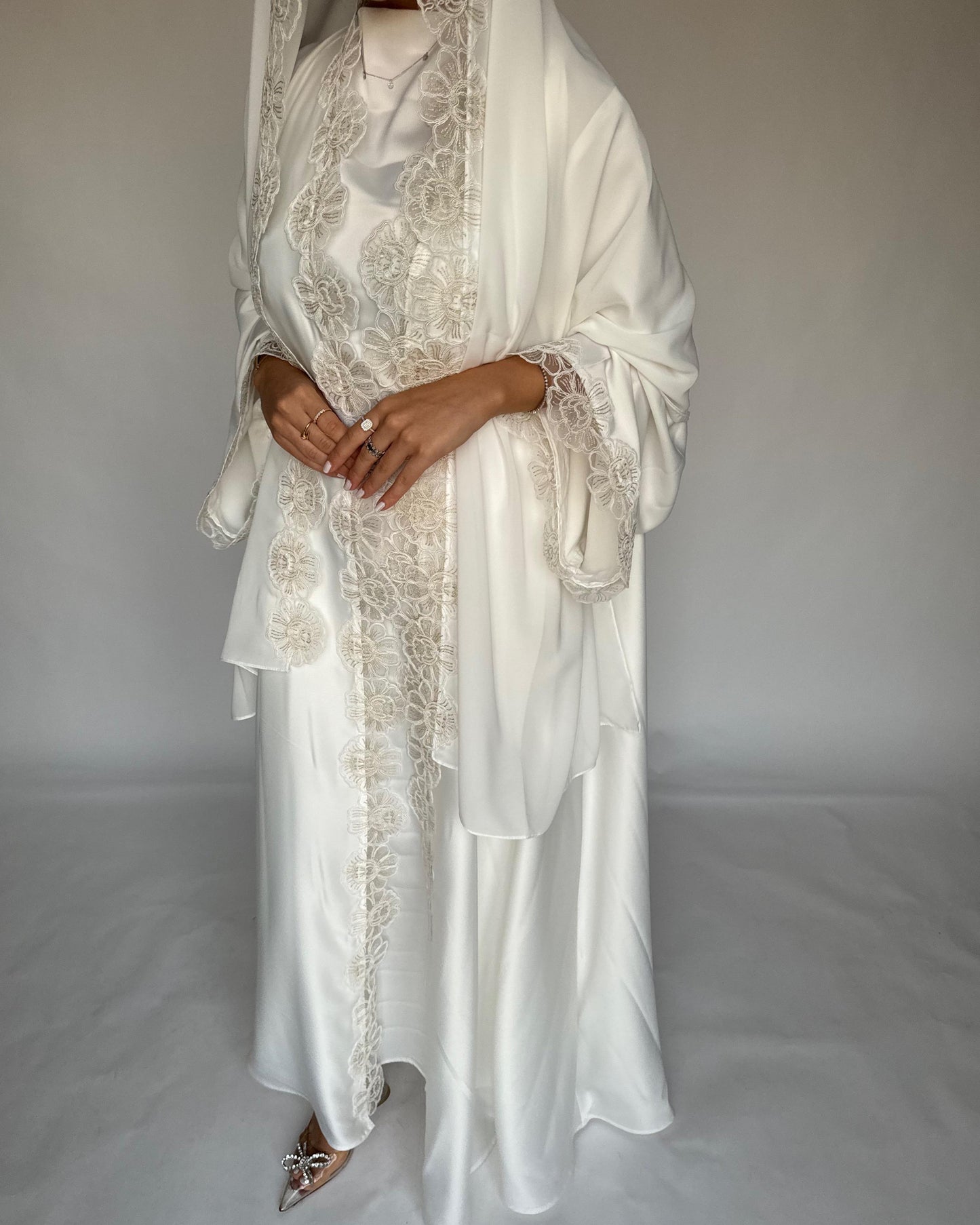 A325 - Off-white Lace A-Cut Abaya, Matching Dress & Head Scarf