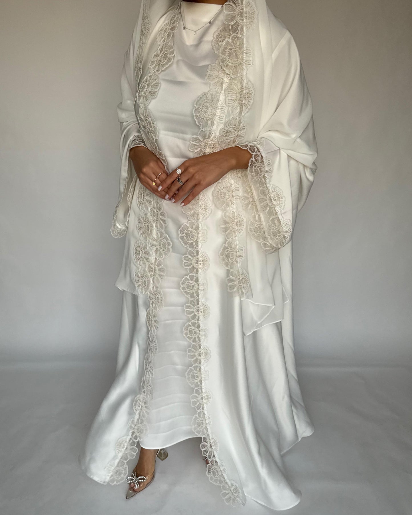 A325 - Off-white Lace A-Cut Abaya, Matching Dress & Head Scarf