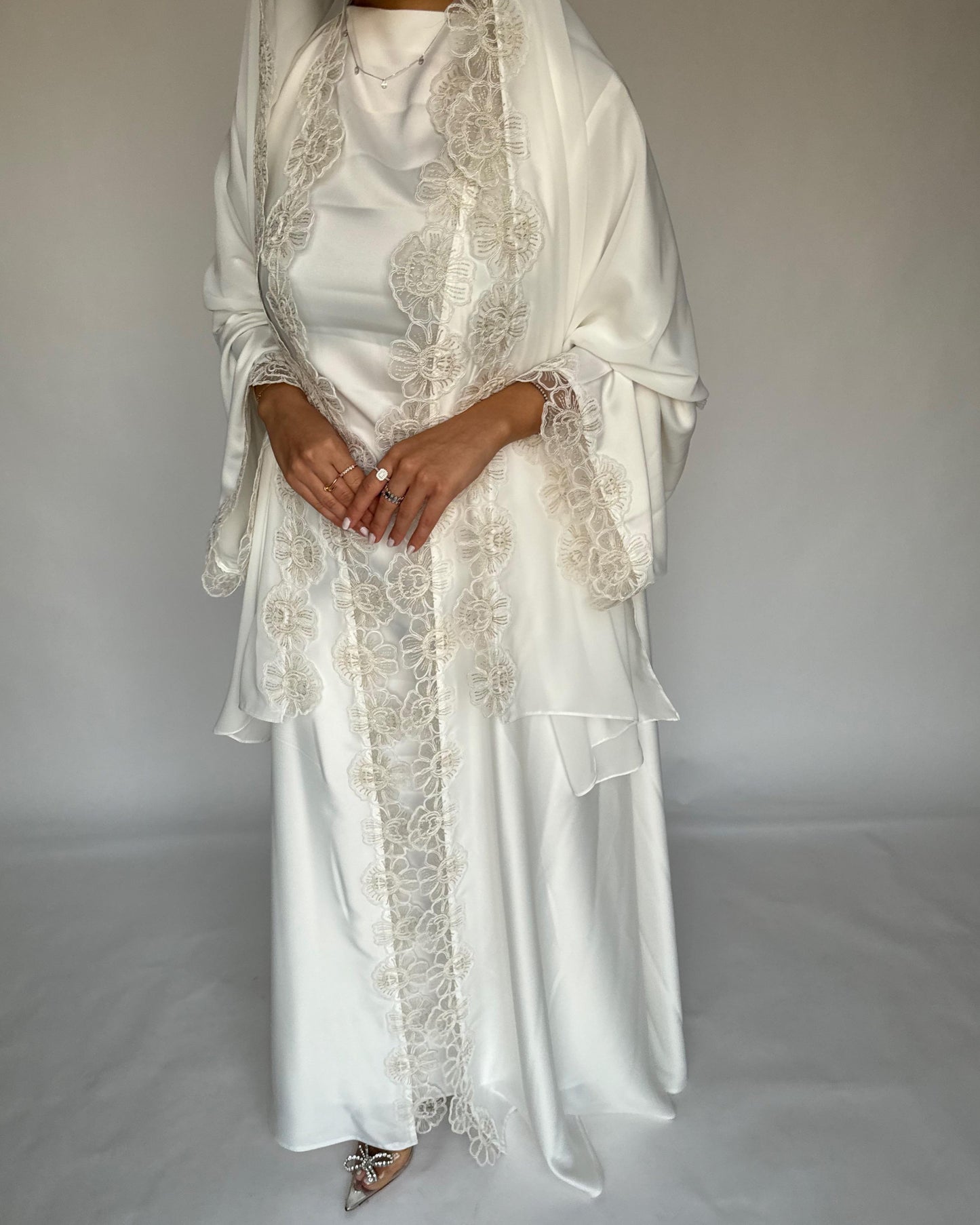 A325 - Off-white Lace A-Cut Abaya, Matching Dress & Head Scarf