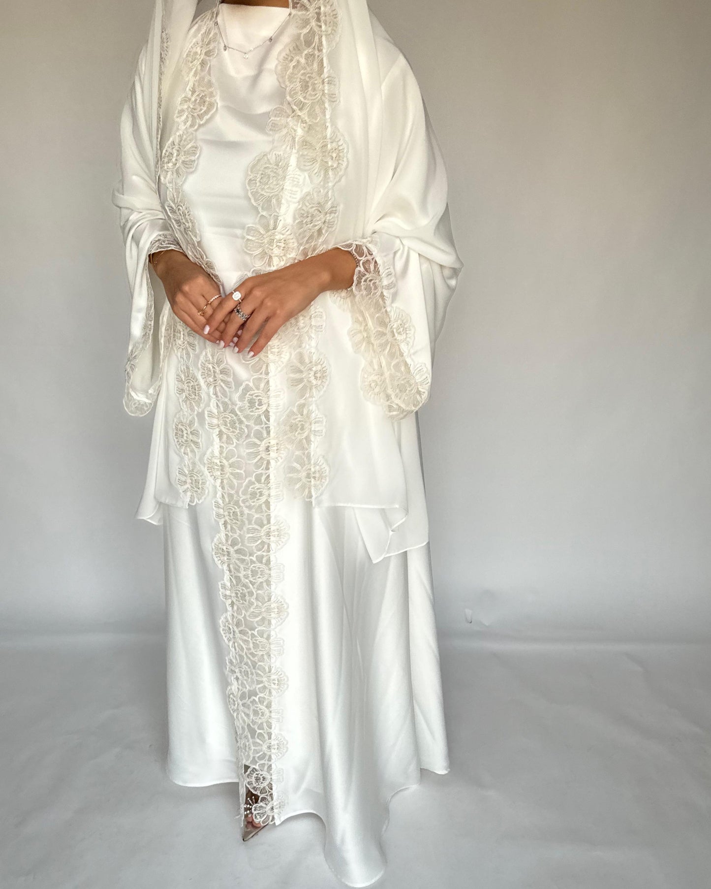 A325 - Off-white Lace A-Cut Abaya, Matching Dress & Head Scarf