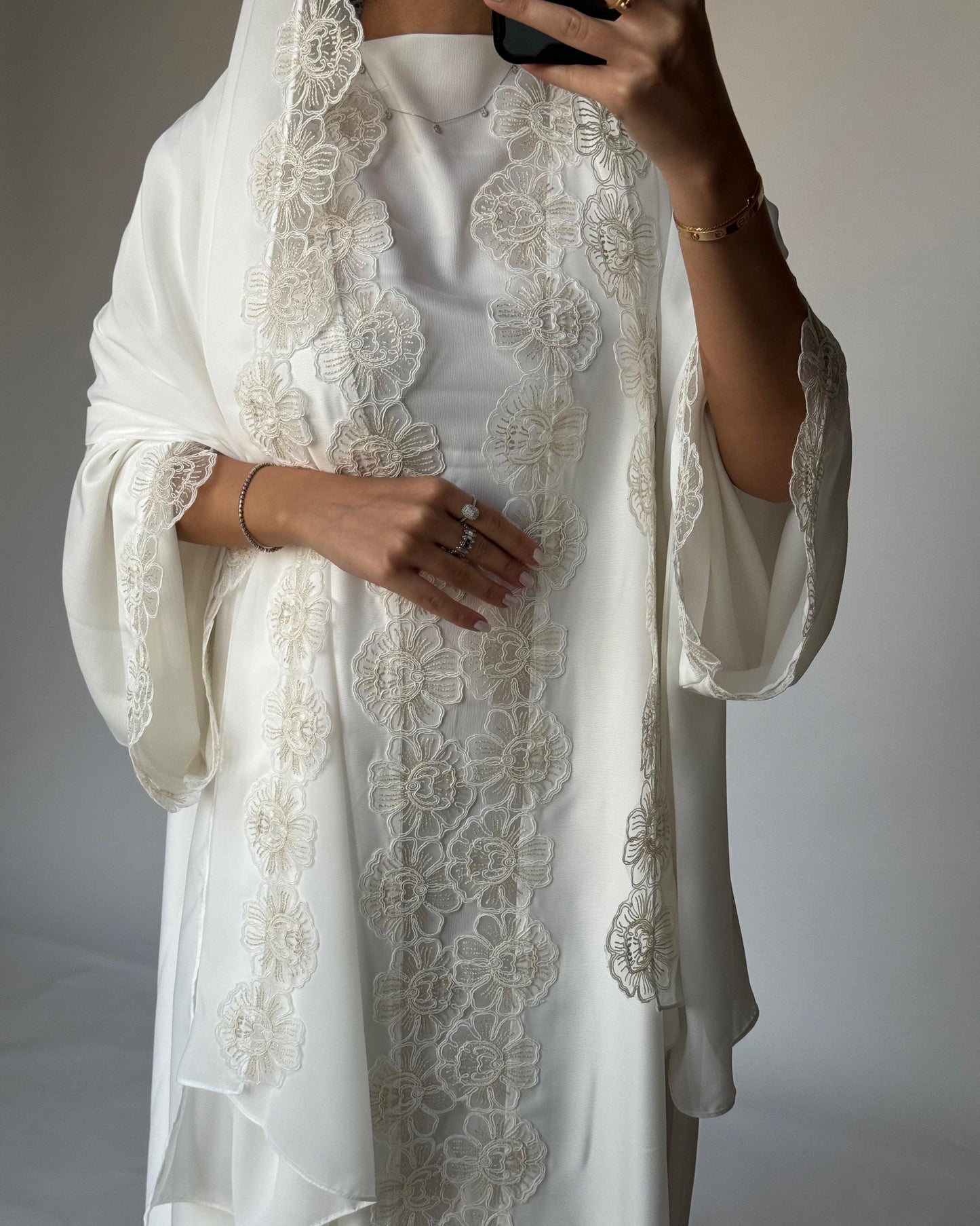 A325 - Off-white Lace A-Cut Abaya, Matching Dress & Head Scarf