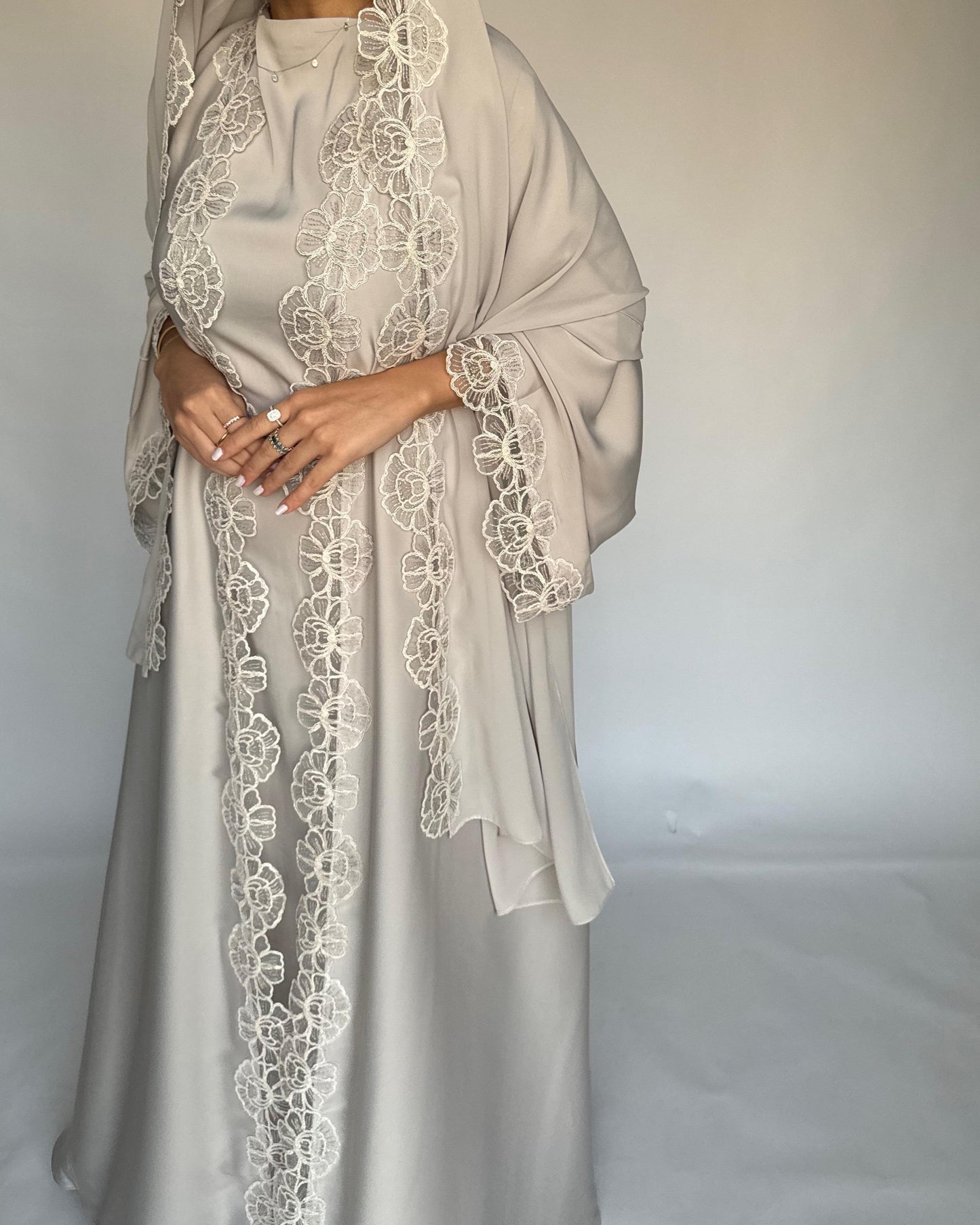 A324 - Beige Lace A-Cut Abaya, Matching Dress & Head Scarf