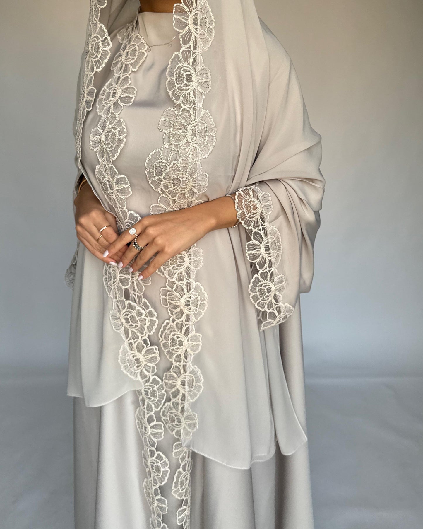 A324 - Beige Lace A-Cut Abaya, Matching Dress & Head Scarf