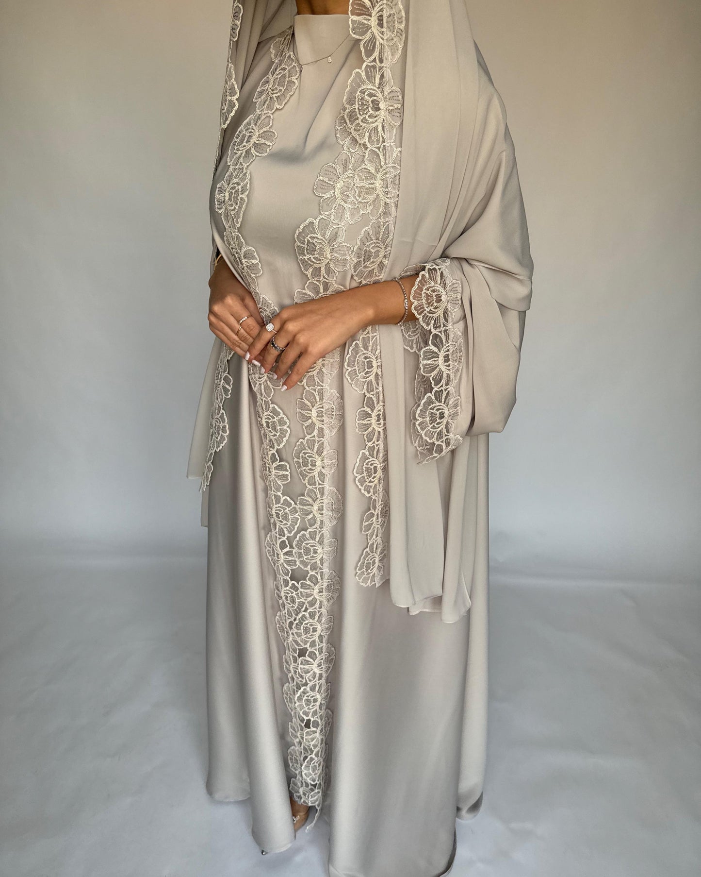 A324 - Beige Lace A-Cut Abaya, Matching Dress & Head Scarf