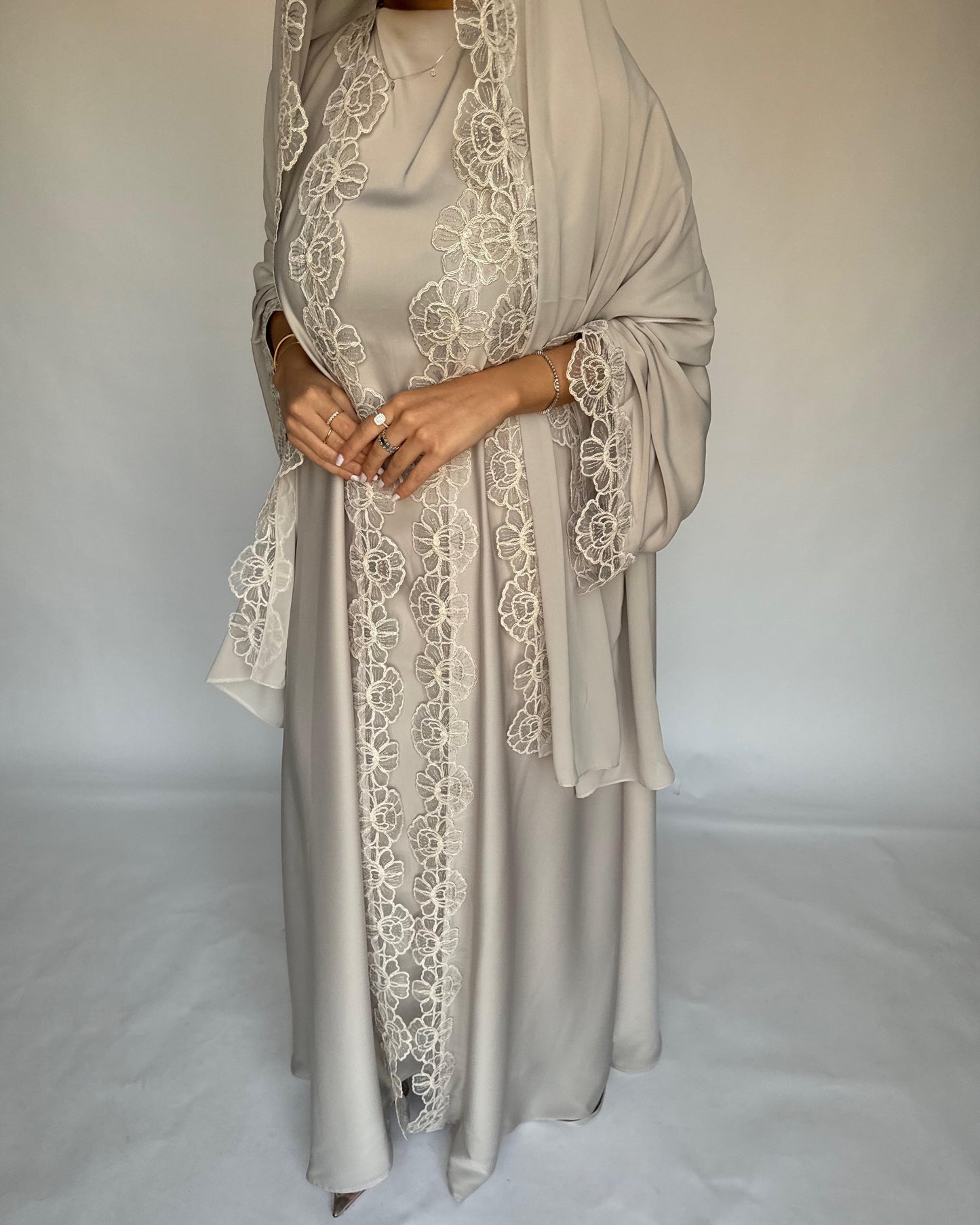 A324 - Beige Lace A-Cut Abaya, Matching Dress & Head Scarf