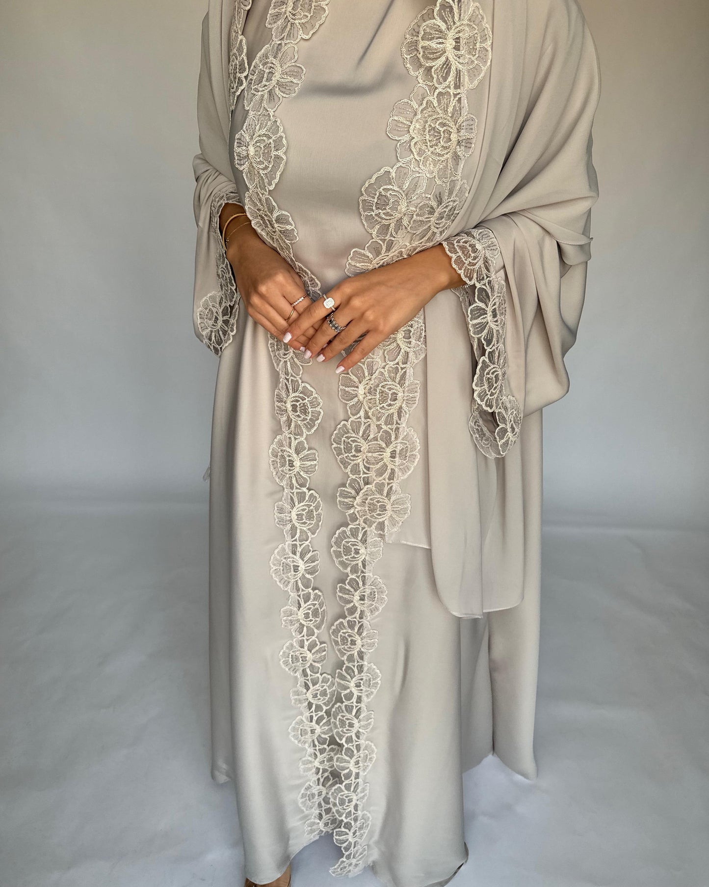 A324 - Beige Lace A-Cut Abaya, Matching Dress & Head Scarf