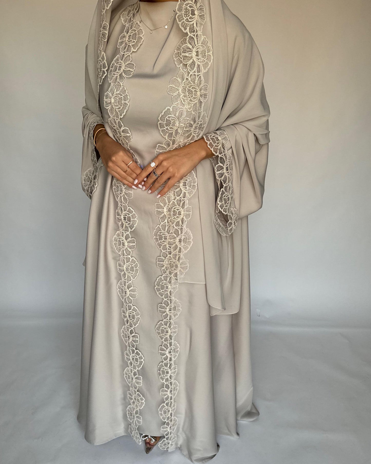 A324 - Beige Lace A-Cut Abaya, Matching Dress & Head Scarf