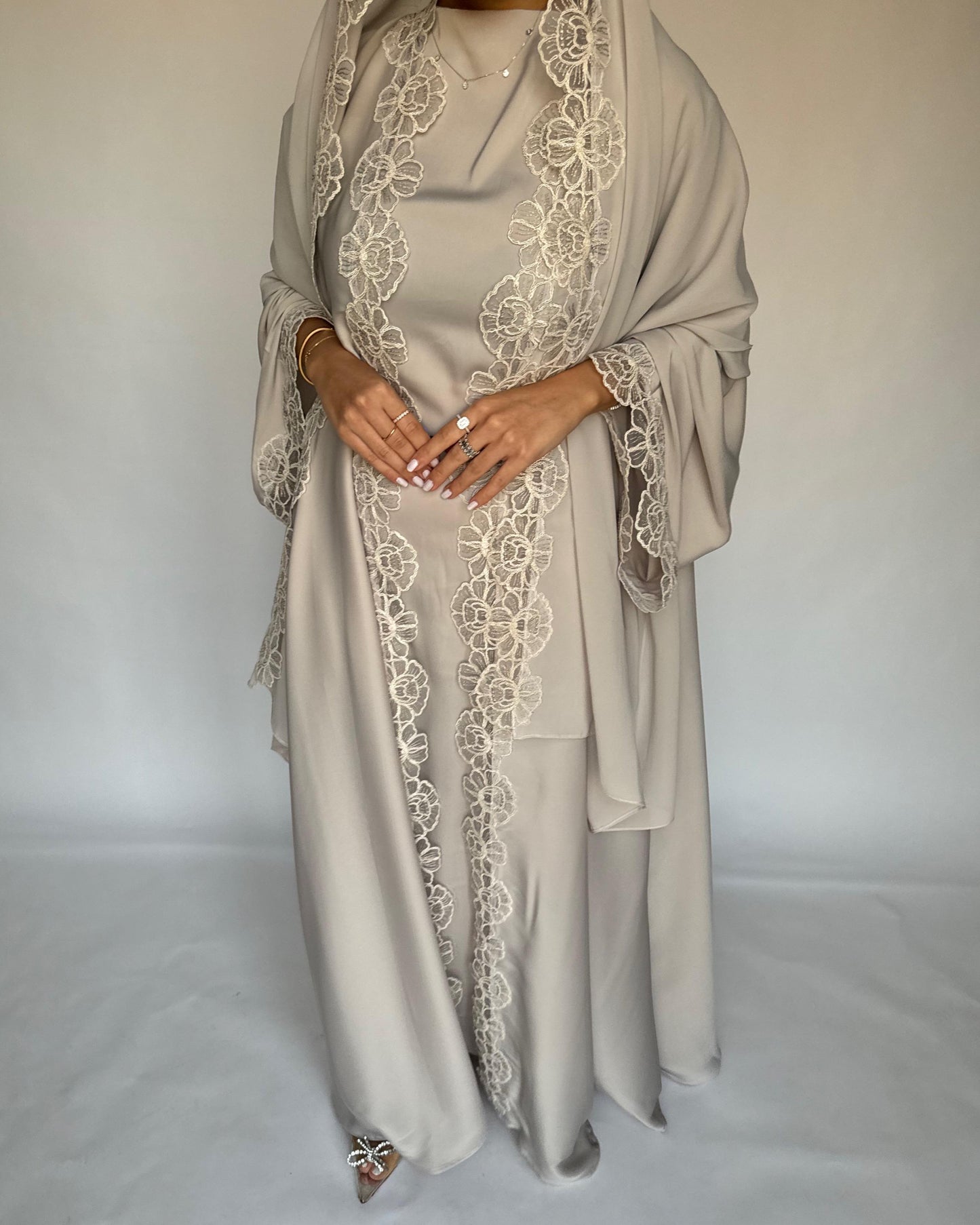 A324 - Beige Lace A-Cut Abaya, Matching Dress & Head Scarf