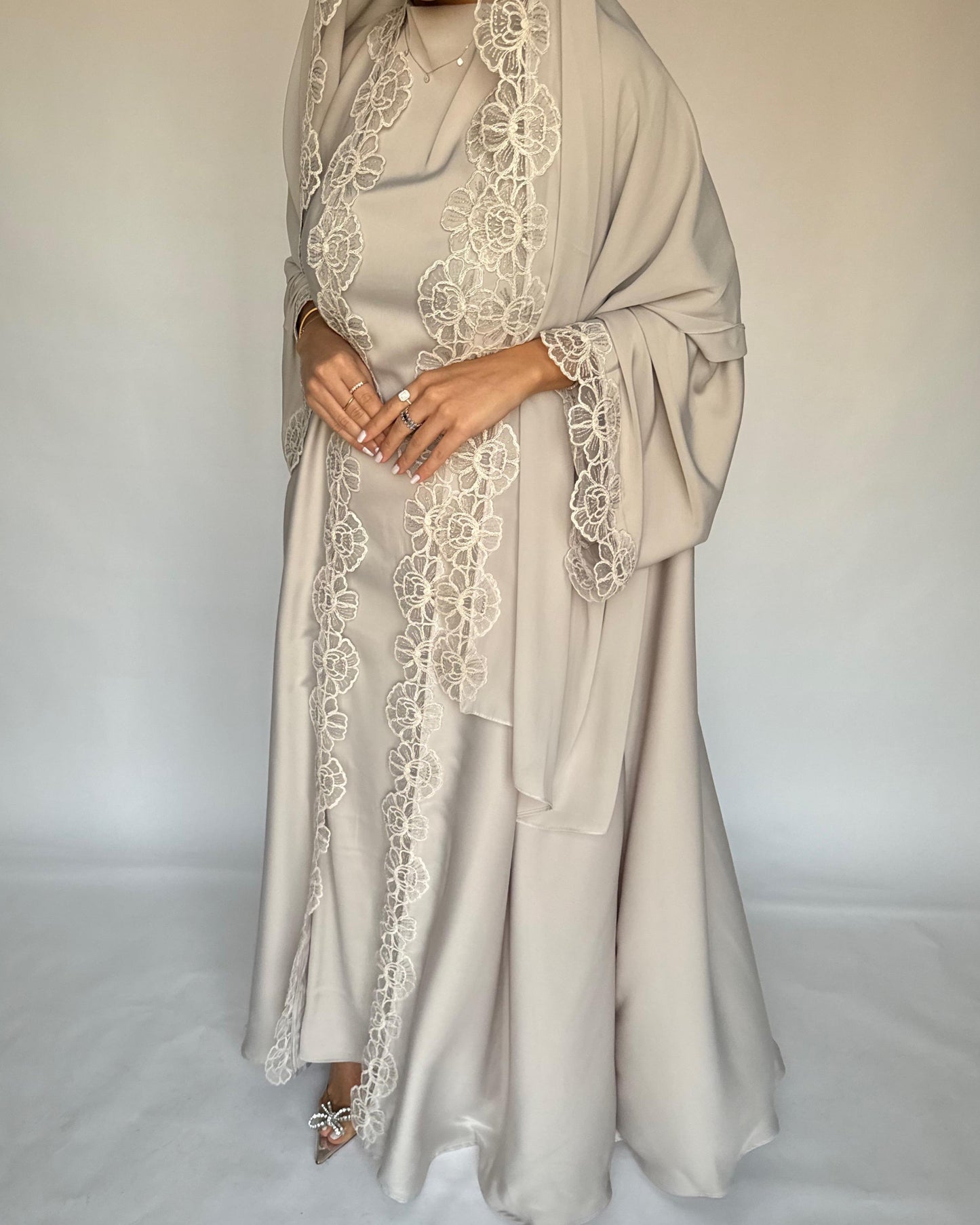 A324 - Beige Lace A-Cut Abaya, Matching Dress & Head Scarf