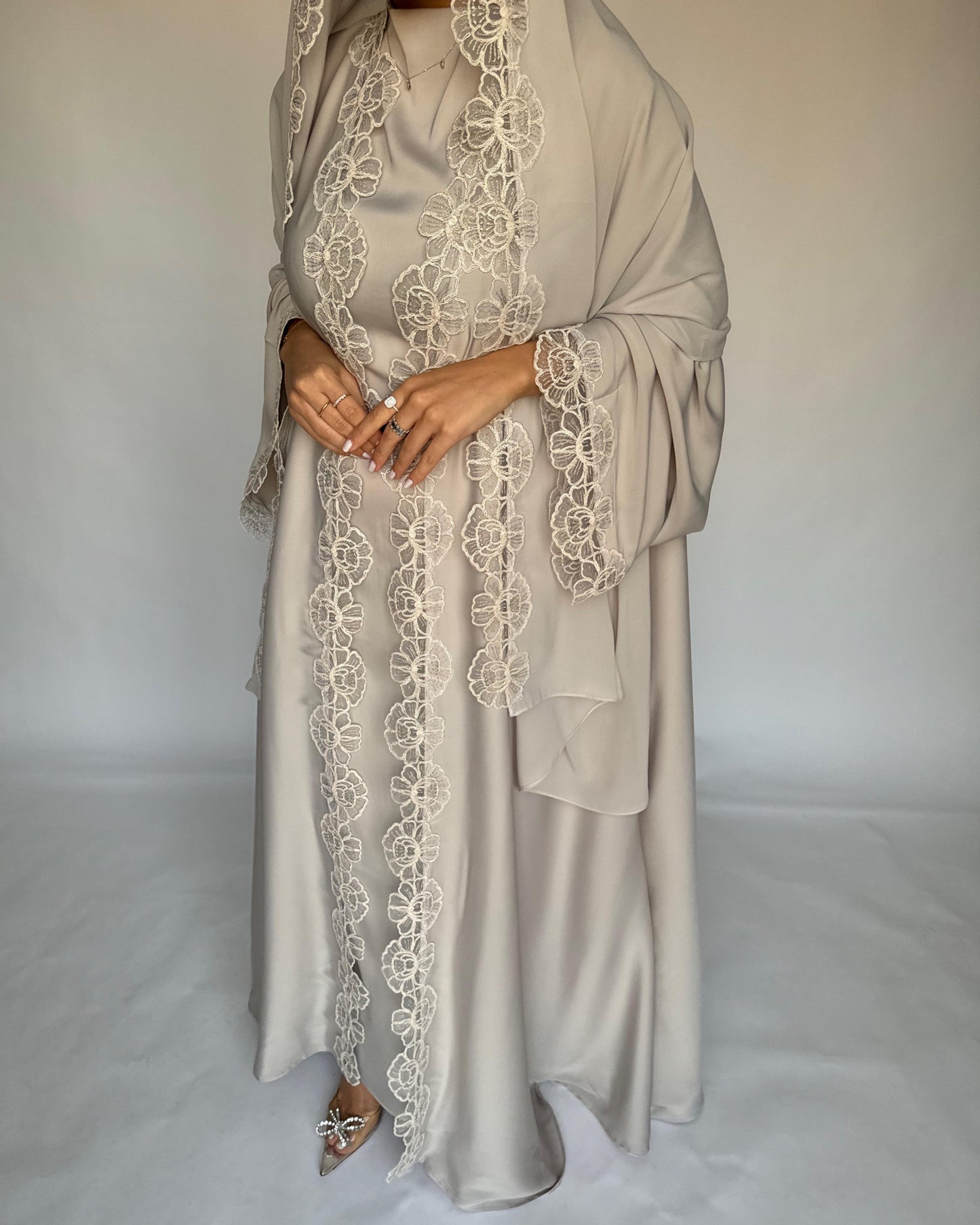 A324 - Beige Lace A-Cut Abaya, Matching Dress & Head Scarf