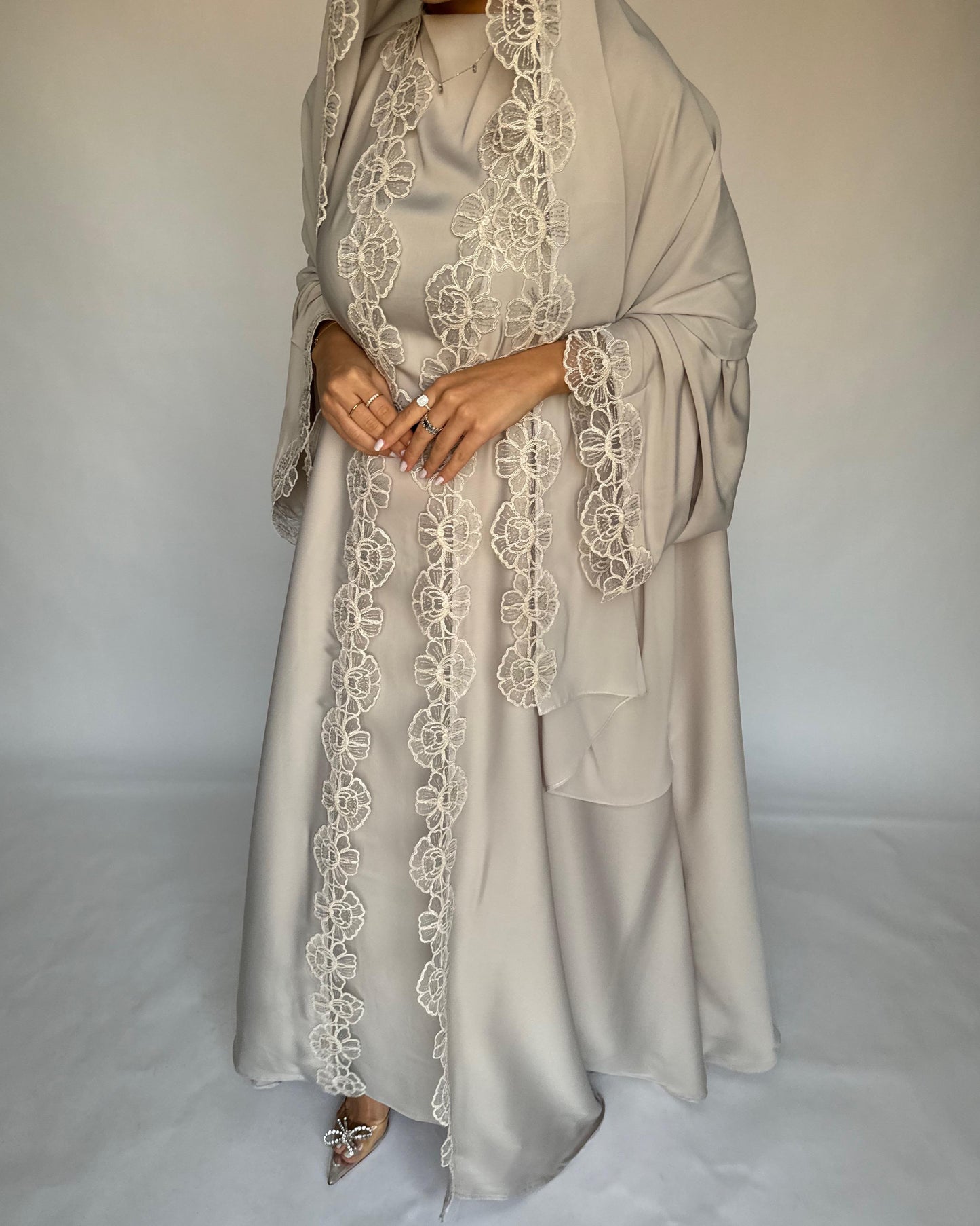 A324 - Beige Lace A-Cut Abaya, Matching Dress & Head Scarf